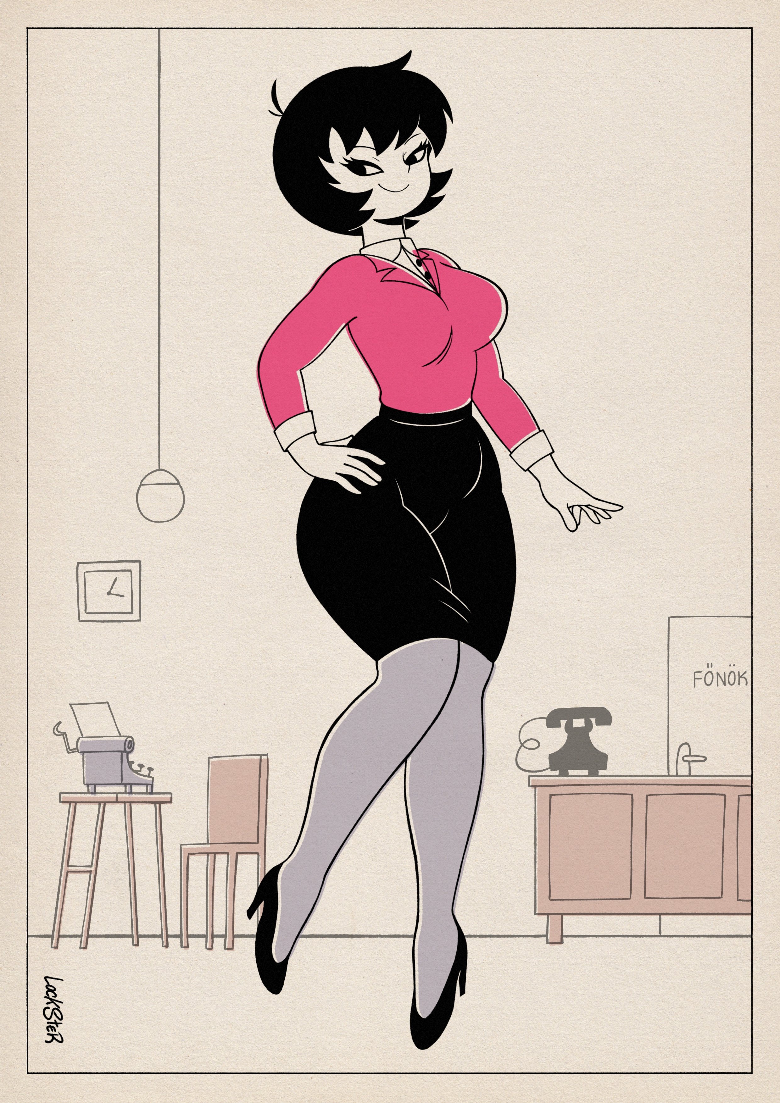 1girls, 2025, big ass, big breasts, black hair, black hair female, breasts, clothed, clothed female, curvy, cute, female, female focus, female only, hand on hip, jpeg, jucika, jucika (comic), knees together feet apart, lockster2c02, office clothing, office lady, pantyhose, solo female, thick thighs