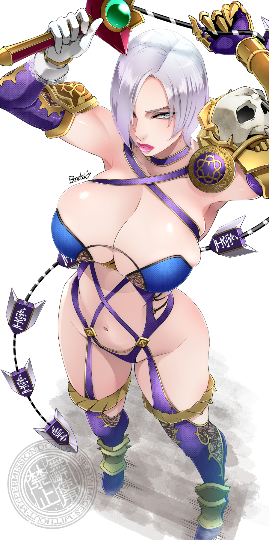 1girls, 2026, alluring, armor, armpits, arms up, bare shoulders, big breasts, blue eyes, breasts, butcha-u, choker, cleavage, collar, commentary request, curvaceous, curvaceous body, curvaceous female, curvaceous figure, curvaceous hips, curvy, curvy body, curvy female, curvy figure, curvy hips, enticing, female, from above, gauntlets, grey eyes, hair over one eye, hips, huge breasts, isabella valentine, large breasts, light skin, light-skinned female, lips, lipstick, looking at viewer, makeup, massive breasts, navel, parted lips, pink lips, purple choker, purple thighhighs, red lipstick, revealing clothes, seducing, seductive, seductive look, shiny, shiny breasts, shiny skin, short hair, signature, simple background, single gauntlet, skimpy, skimpy clothes, solo, soul calibur, soul calibur vi, sword, teasing, teasing viewer, temptation, tempting, tempting viewer, thick, thick breasts, thick hips, thick lips, thick thighs, thighhighs, translation request, voluptuous, voluptuous female, weapon, whip, whip sword, white background, white hair, wide hips