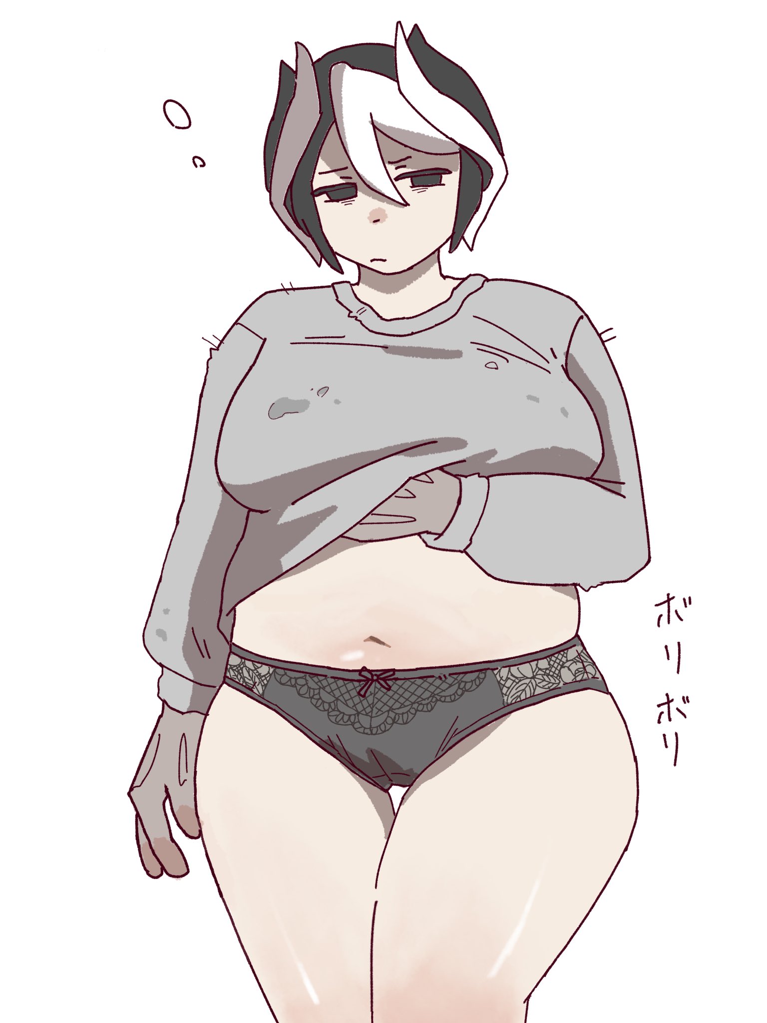 6dj2ypv2qw13593, black and white hair, black eyes, black hair, black panties, chubby, chubby female, fat, female, female only, femcel, frown, lace-trimmed panties, looking at viewer, made in abyss, overweight, overweight female, ozen, pale skin, pale-skinned female, panties, short hair, solo, sweater, thick thighs, thigh gap, two-tone hair, white hair, wide hips