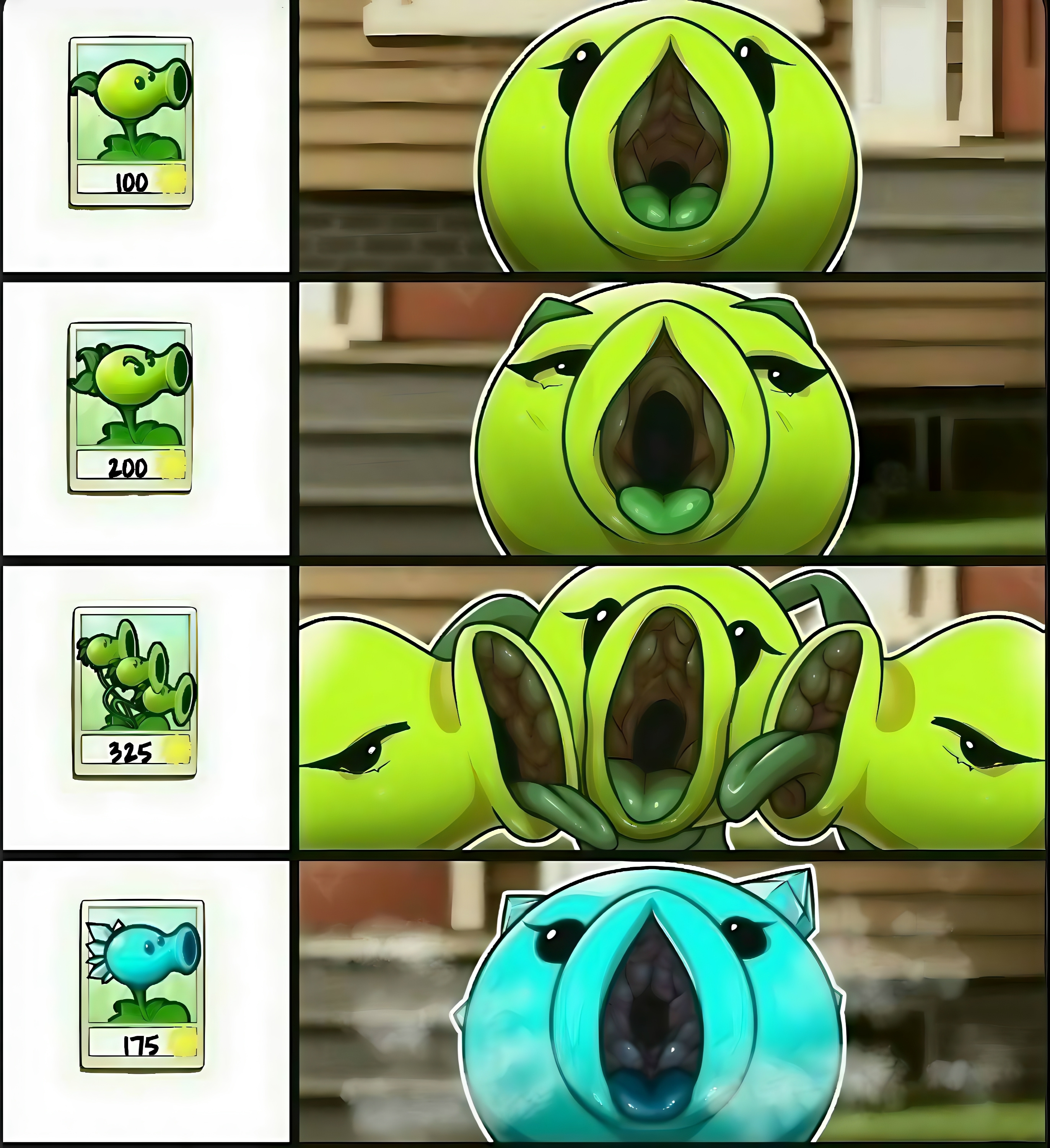 blowjob, blue skin, choose your own adventure, feral only, green skin, mawshot, mouth open, mythios, offering, offering to viewer, open mouth, peashooter (pvz), plant, plants vs zombies, seductive, seductive look, take your pick
