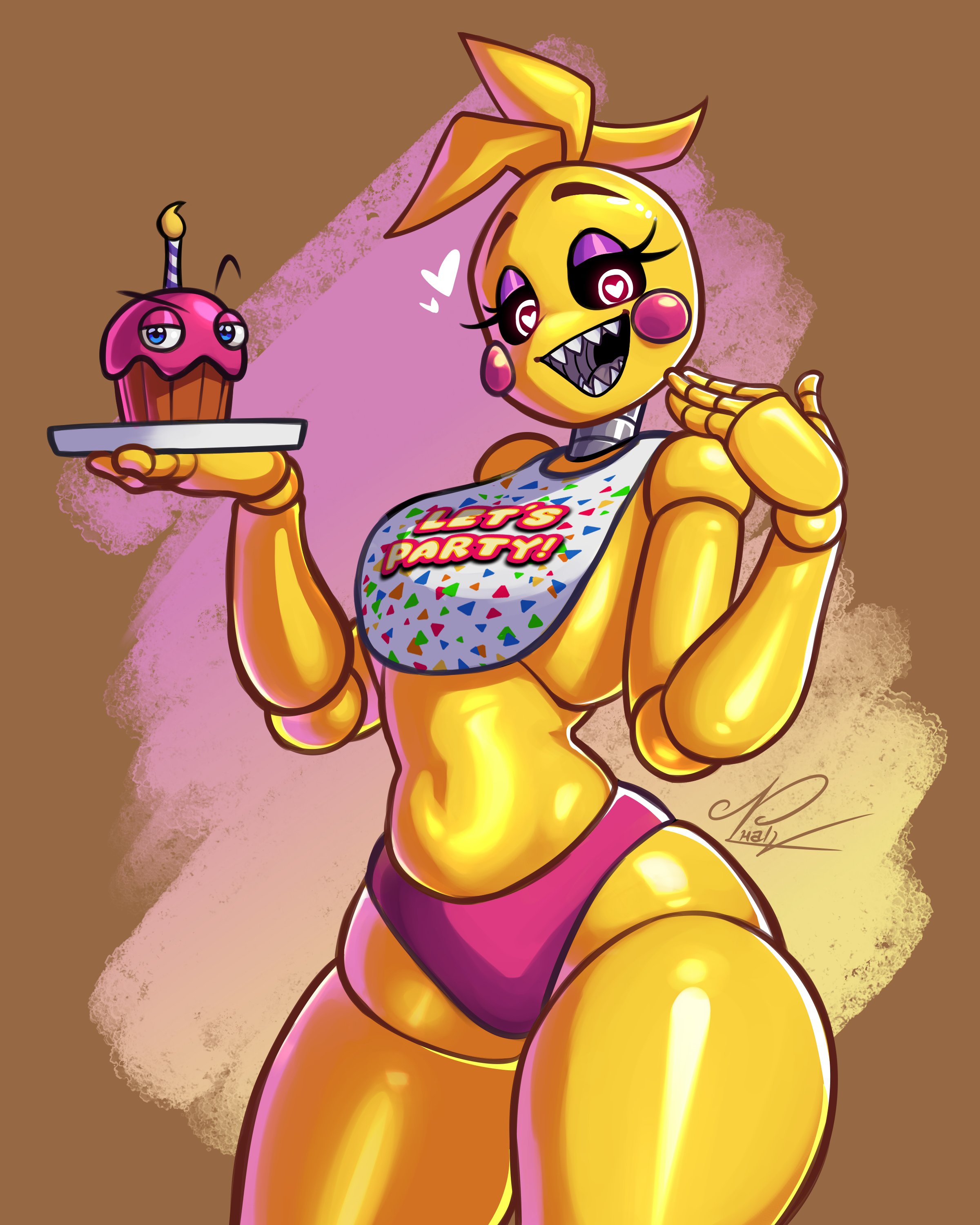 2d, 2d (artwork), 2d artwork, animatronic, animatronic female, black sclera, breasts, chicken, chicken girl, cupcake (fnaf), female, five nights at freddy's, five nights at freddy's 2, hair, halv p, lips, p-halv, robot, smile, solo, toy chica (fnaf), video game character, video games, yellow body, yellow fur