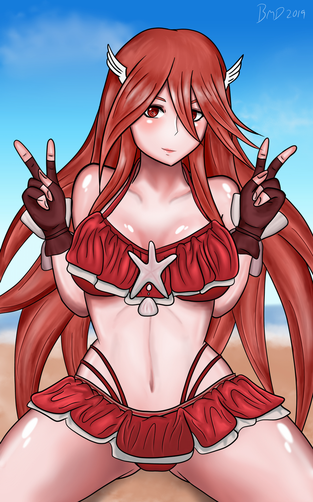 1girls alternate_costume bare_shoulders beach bikini bikini_skirt bmd18plus cordelia_(fire_emblem) cordelia_(summer)_(fire_emblem) double_v fingerless_gloves fire_emblem fire_emblem_awakening fire_emblem_heroes gloves hair_between_eyes hair_ornament long_hair looking_at_viewer medium_breasts nintendo red_bikini red_eyes red_hair red_swimwear seaside smile solo solo_female source_larger swimsuit v very_long_hair