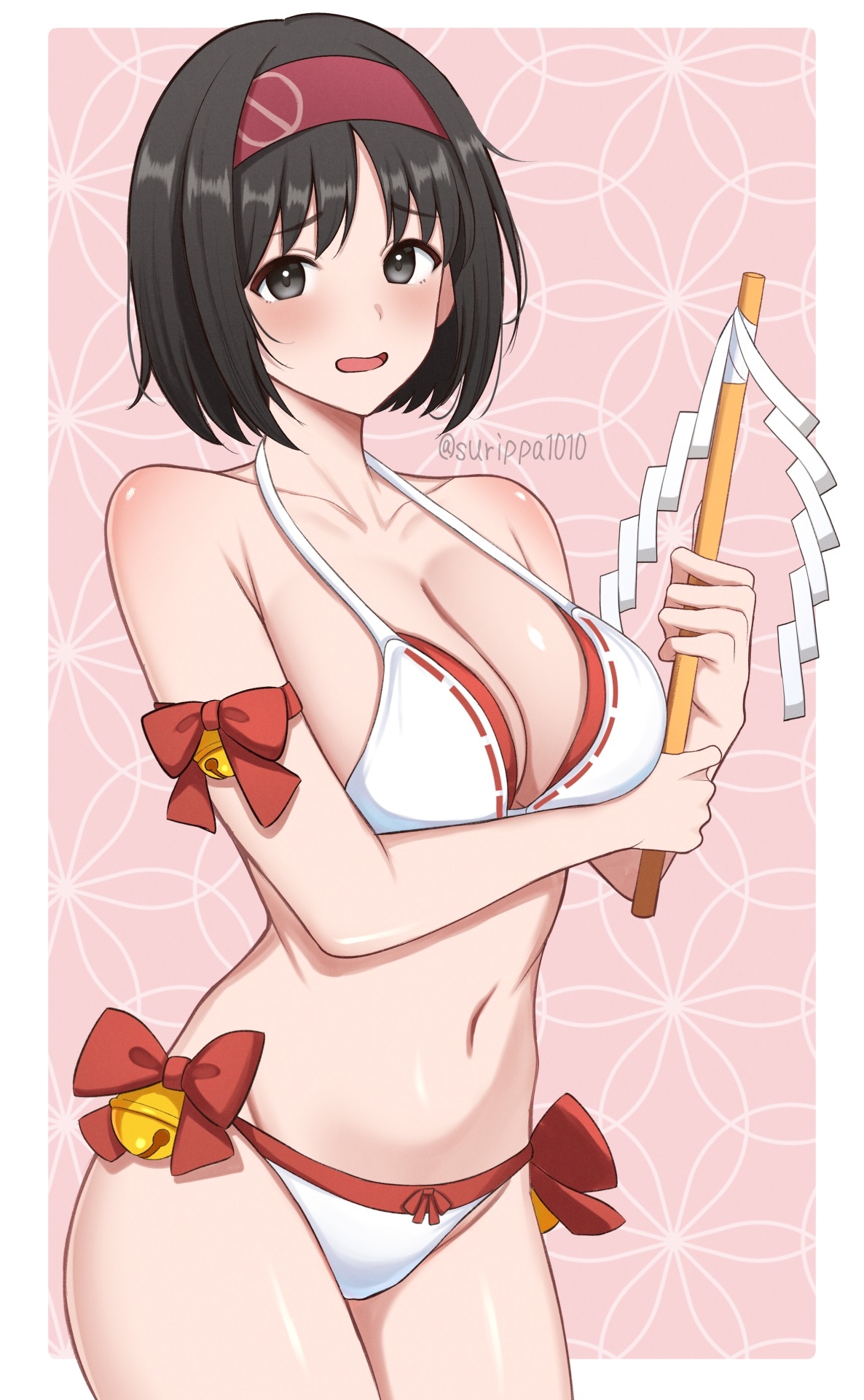 1girls, bell, big breasts, bikini, black hair, border, breasts, cleavage, collarbone, commentary request, erika (pokemon), female, female only, gohei, grey eyes, hairband, highres, holding, holding gohei, large breasts, navel, nintendo, nontraditional miko, open mouth, pink background, pokemon, pokemon frlg, red hairband, short hair, solo, stomach, surippa1010, swimsuit, white bikini, white border