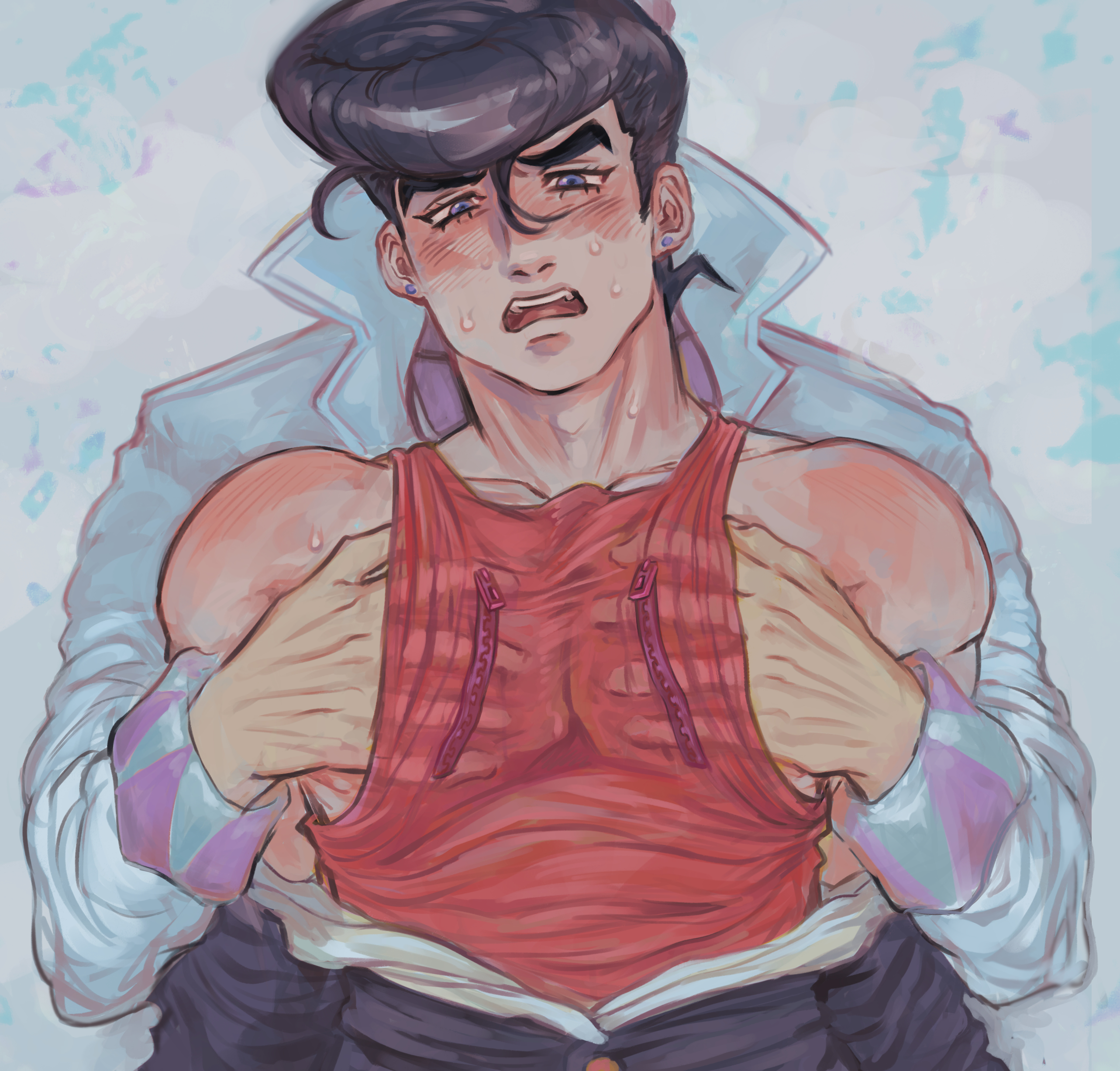 2boys, 2d, blue eyes, blue hair, blue jacket, chest, diamond is unbreakable, earrings, imminent sex, incest, jacket partially removed, jojo's bizarre adventure, josuke higashikata, jotaro kujo, looking down, male, male focus, male only, male/male, older, older dom younger sub, older male, older male and younger male, open mouth, pompadour, red shirt, rimmybone, sweat, sweatdrop, sweating, tank top, teen, teenage male, teenager, touching chest, uncle and nephew, yaoi, younger male, zipper