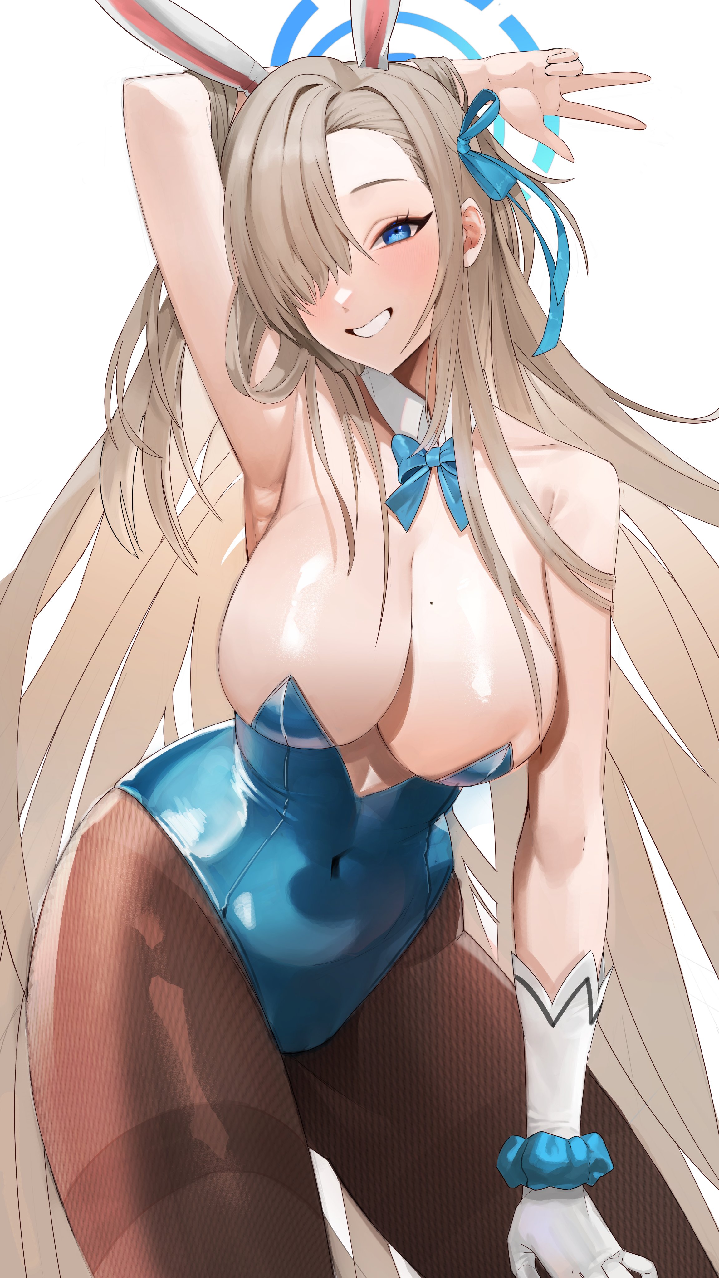 1girls, absurdres, arm behind head, arm up, armpits, asuna (blue archive), asuna (bunny) (blue archive), asymmetrical bangs, black pantyhose, blue archive, blue bow, blue bunnysuit, blue eyes, blue hair, blue leotard, blue ribbon, blush, bow, breasts, bunny ears, bunnysuit, cleaning & clearing (blue archive), cleavage, covered navel, detached collar, fake animal ears, fake rabbit ears, female, female only, gloves, hair over one eye, hair ribbon, highres, large breasts, leotard, light brown hair, light skin, light-skinned female, long hair, looking at viewer, malsuk, millennium science school student, pantyhose, playboy bunny, ribbon, simple background, smile, solo, very long hair, white background, white gloves