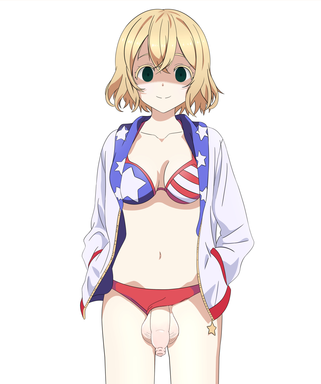 1futa 1puuuuuu ahama_mei areolae balls breasts clothed clothing edit foreskin futa_only futanari human kanojo_okarishimasu light-skinned_futanari light_skin looking_at_viewer nanami_mami solo standing swimsuit tagme yandere