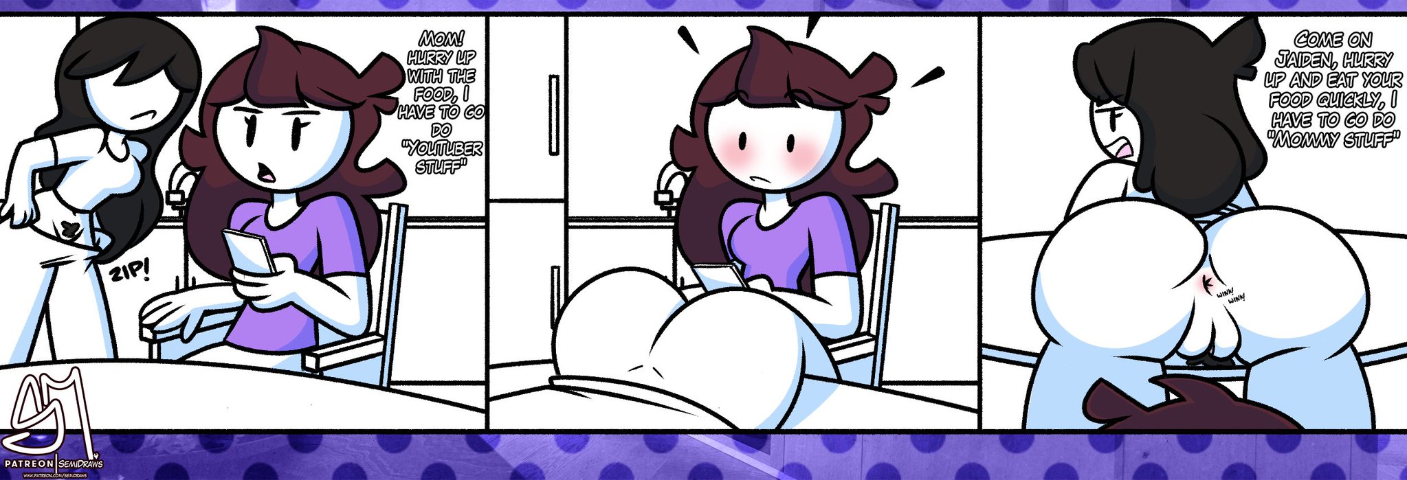 ass, asshole, black hair, blush, blushing, brown hair, cellphone, dialogue, female, female pubic hair, incest, jaiden, jaiden animations, jaidenanimations, jaidens mom, minicomic, nude, nude female, pants pulled down, pubic hair, pussy, semidraws, tagme, text, youtube, youtuber, yuri