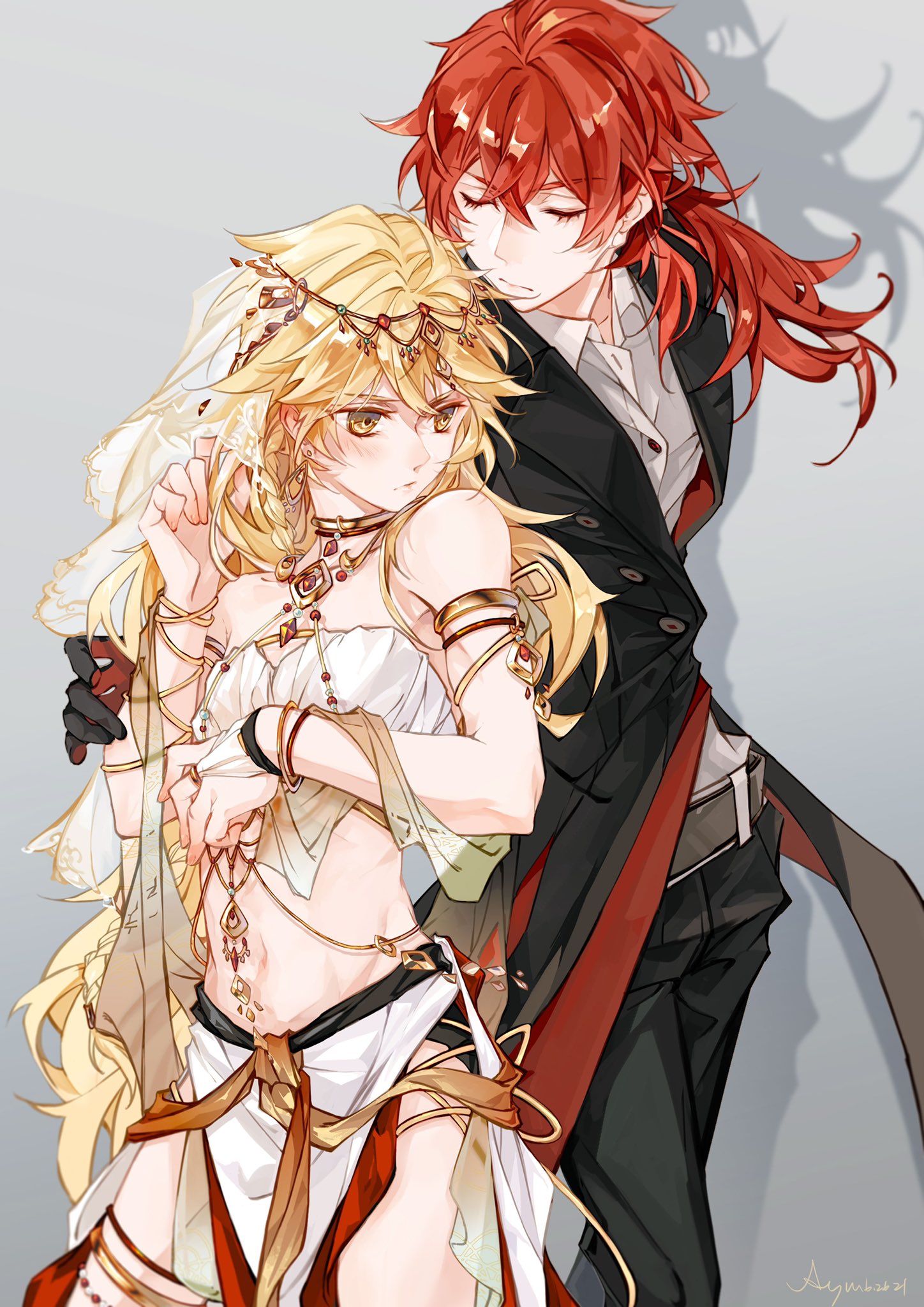 2boys, aether (genshin impact), belly dancer, blonde hair, crop top, crossdressing, diluc (genshin impact), femboy, gay, genshin impact, headwear, jewelry, long hair, male, male only, red hair, skirt, suit, tuxedo, twink, veil, yaoi