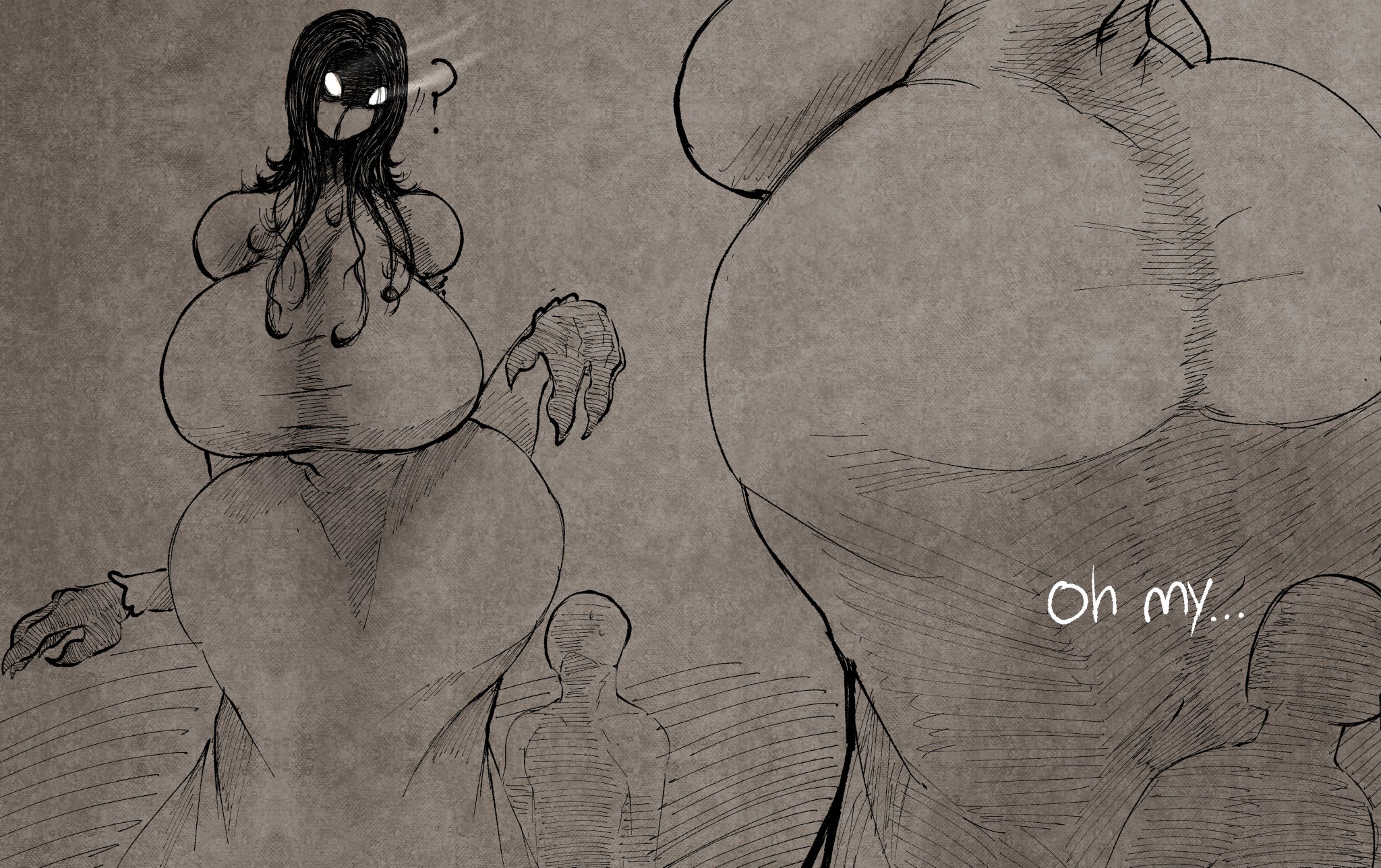 ?, ..., ass, ass in dress, big ass, big breasts, big hands, black hair, breasts, confused, creepy, distracted, dress, english text, faceless male, female, fully clothed, ghost, ghost girl, giantess, gigantic ass, horror, huge ass, human, humanoid, hyper ass, interspecies, large female, larger female, long arms, long dress, long hair, male, male human/female ghost, male human/female humanoid, mini giantess, monster girl, one piece dress, question mark, repomorame, shocked, size difference, sleep paralysis demon, smaller male, surprised, tall female, taller female, text, unaware, voluptuous