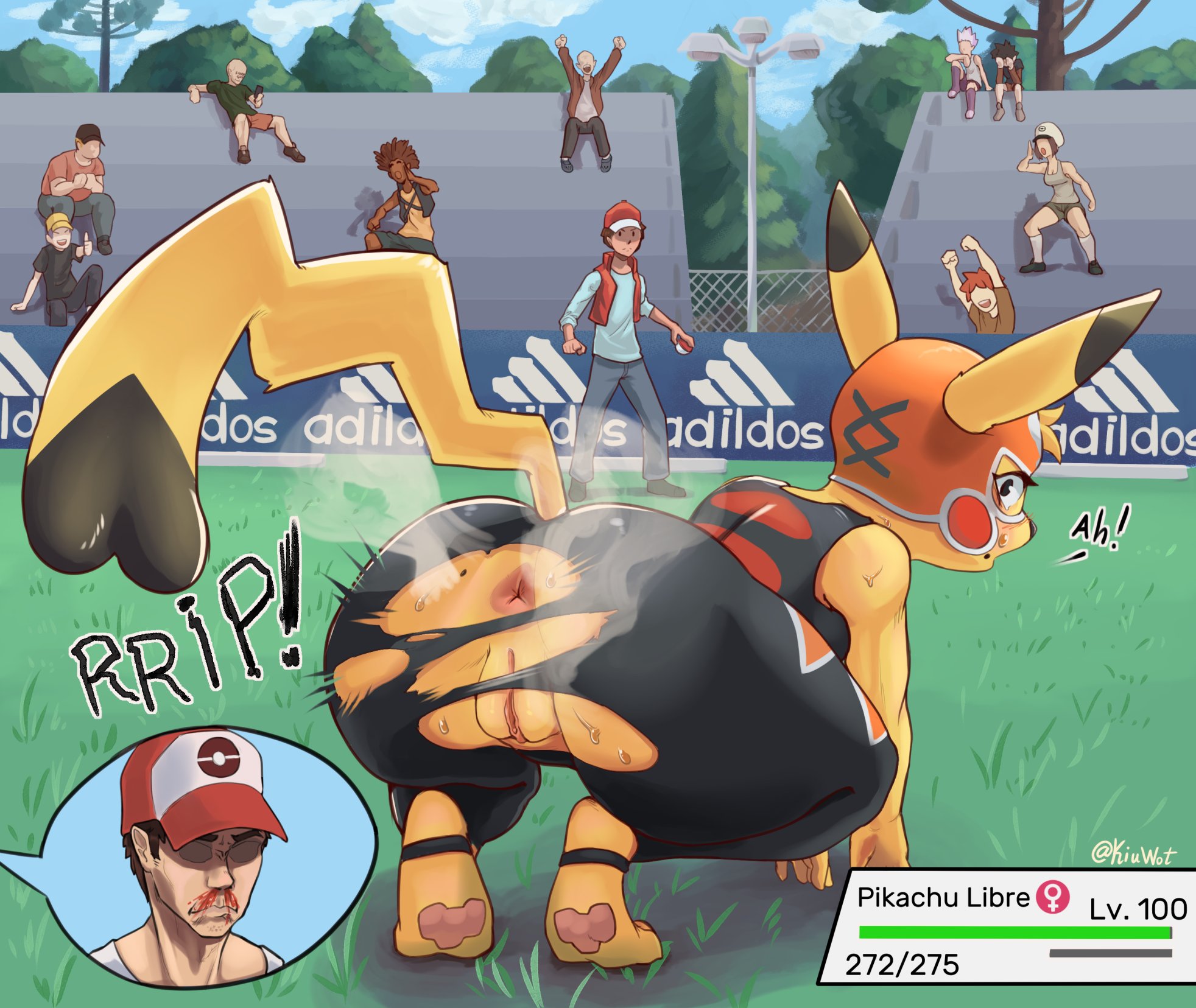 2021, anthro, anus, ass, being watched, bent over, big ass, big butt, blood, blush, bodily fluids, clothing, cosplay pikachu, cosplay pikachu (character), cosplay pikachu (costume), crouching, female, fur, genitals, group, hat, headgear, headwear, hi res, kiu-wot, looking at another, looking at viewer, looking back, male, musk, nintendo, nosebleed, pikachu, pikachu libre, pokémon (species), pokeball, pokemon, pokemon (species), pussy, rear view, solo focus, sweat, text, torn clothing, video games, wardrobe malfunction, yellow body, yellow fur
