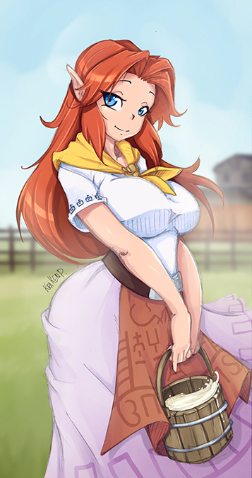 big_breasts bowser_brooch cremia happy_female krakenparty lowres majora's_mask malon milk_bucket nintendo ocarina_of_time red_hair redhead tagme the_legend_of_zelda white_shirt