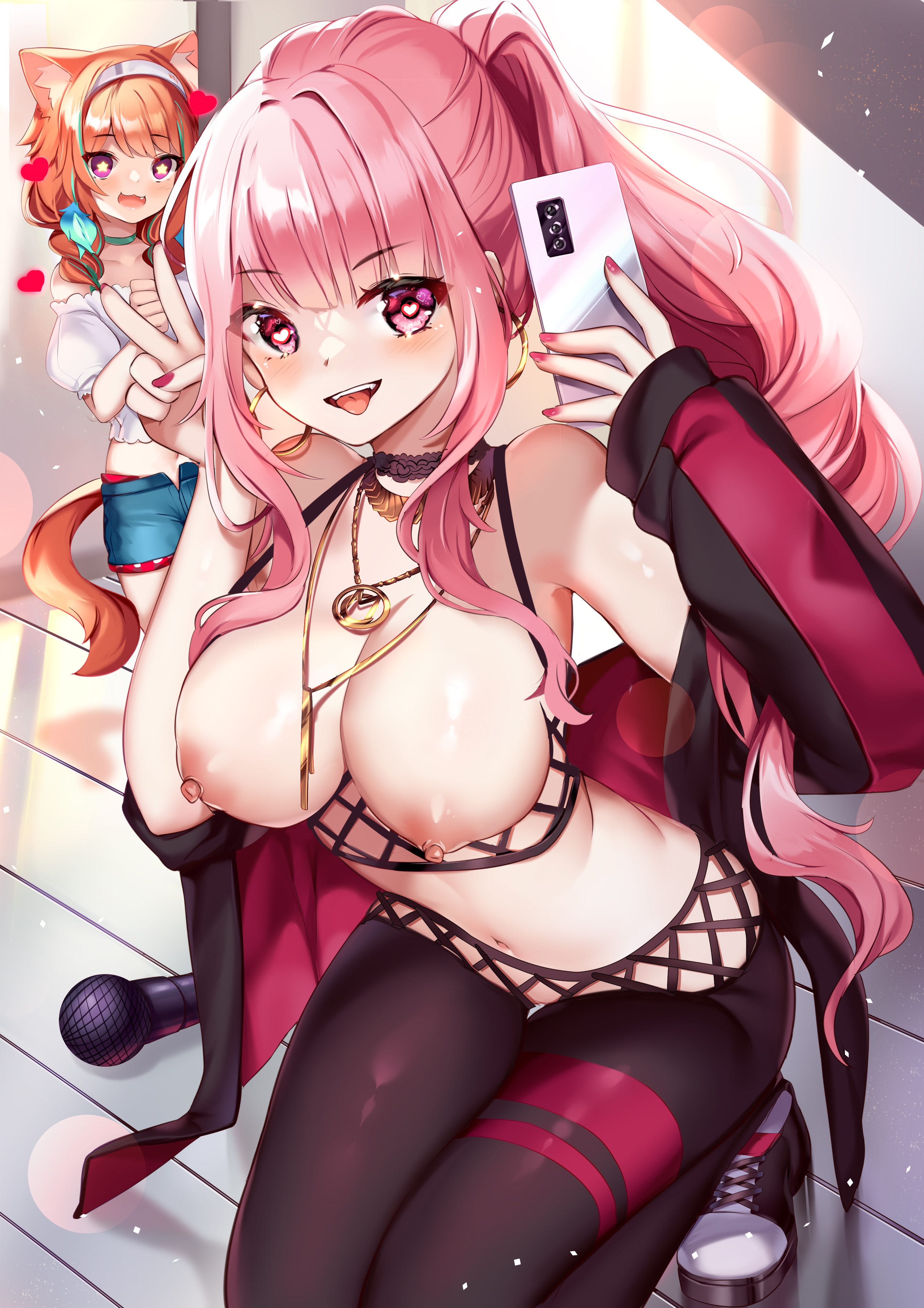 2girls, big breasts, braid, braided twintails, breasts, cat ears, cat girl, catgirl, female, fishnets, green hair, green highlights, heart, heart-shaped pupils, hololive, hololive english, hololive myth, looking at viewer, microphone, mori calliope, multiple females, multiple girls, nail polish, nipples, partially clothed, peace sign, phone, pink hair, pink nails, ponytail, red eyes, red nails, selfie, smartphone, smile, star shaped pupils, streaked hair, tagme, tagme (artist), takanashi kiara, takanashi kiara (2nd costume), twintails, two-tone hair, virtual youtuber, vtuber