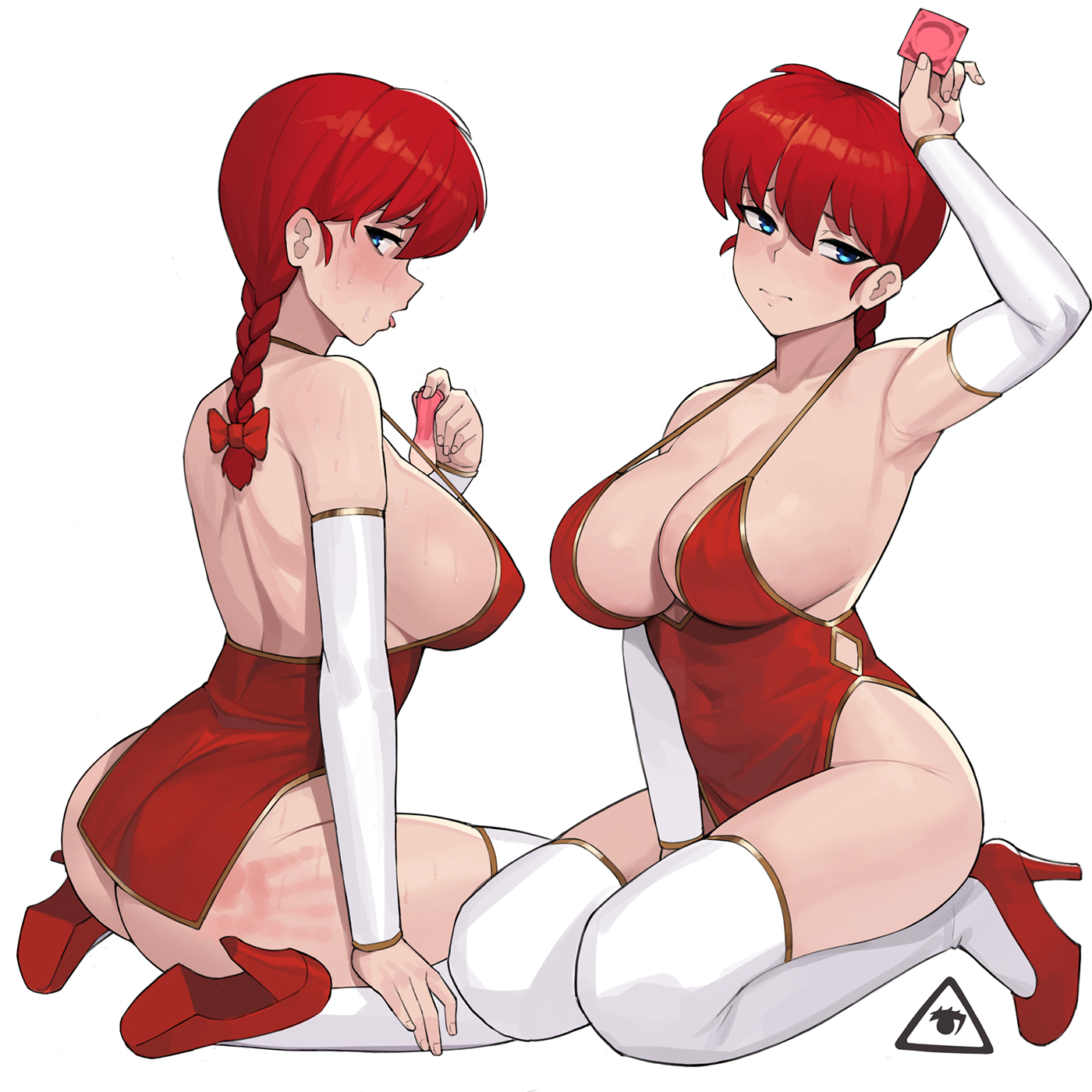 1girls, bangs, bare shoulders, blue eyes, blush, braid, braided ponytail, breasts, cleavage, clothing, condom, condom wrapper, donburikazoku, dress, female, female only, genderswap, genderswap (mtf), hand print on ass, heels, kneeling, large breasts, ponytail, ranma 1/2, ranma saotome, ranma-chan, red hair, red-haired female, rule 63, sideboob, single braid, slap mark, solo, stockings, sweat, thighhighs, tied hair, used condom, white background