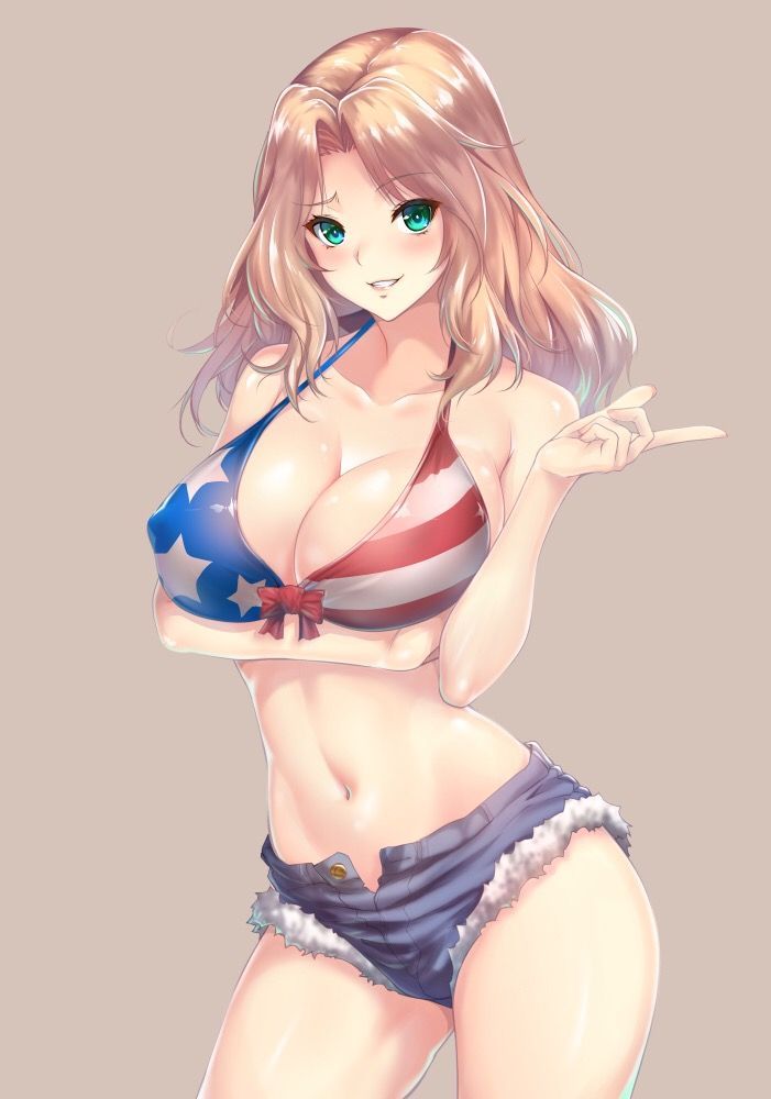 1girls american_flag american_flag_bikini artist_request belly belly_button big_breasts blonde_hair girls_und_panzer green_eyes kay_(girls_und_panzer) long_hair solo source_request tagme thighs zucchini