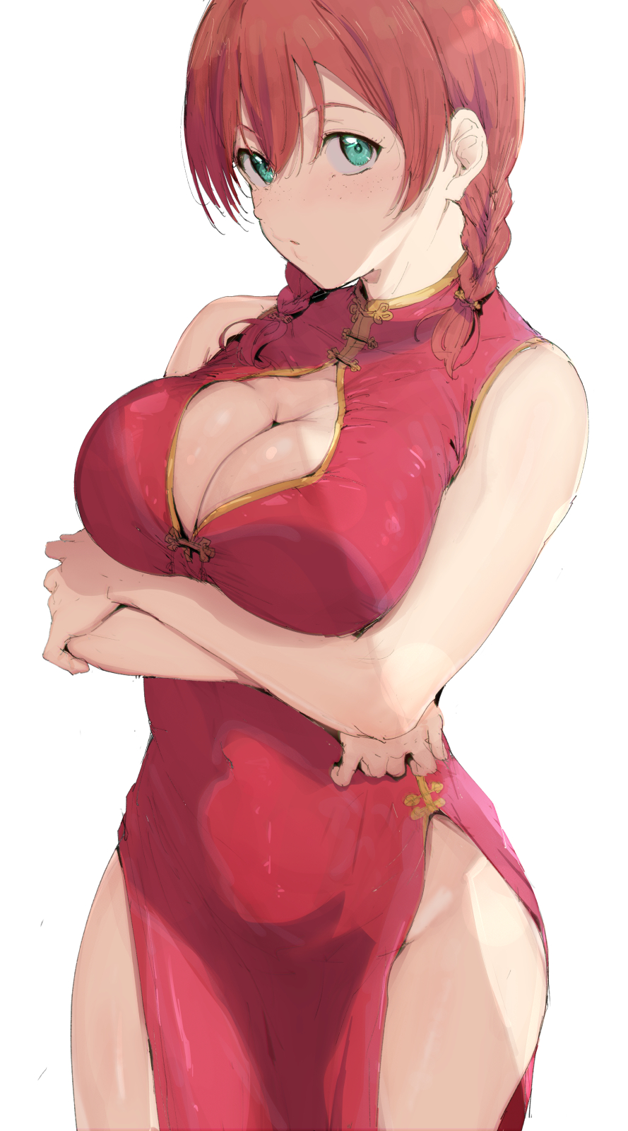 1girls, alp, alternate costume, arms under breasts, bangs, big breasts, braid, breasts, cheongsam, china dress, chinese clothes, cleavage, cleavage cutout, clothing cutout, covered navel, cowboy shot, dress, earrings, emma verde, female, female only, freckles, green eyes, highres, horny, jewelry, large breasts, looking at viewer, love live!, love live! nijigasaki high school idol club, no panties, parted lips, pelvic curtain, qipao, red dress, red hair, simple background, sleeveless, sleeveless dress, solo, solo female, thighs, twin braids, white background