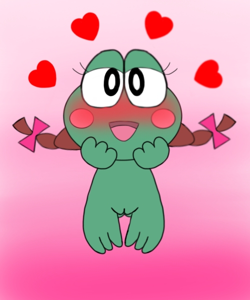 1girls 2021 amphibian anthro blush brown_hair eyelashes female female_focus female_only frog hairbow half-closed_eyes hands_on_face heart keroleen keroppi_and_friends nude nude_female open_mouth pink_background pussy sanrio simple_background solo solo_female twintails