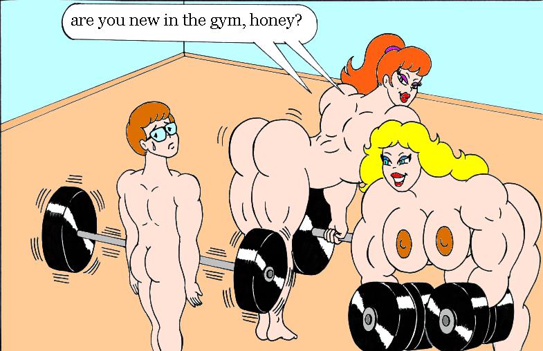 1boy 2011 2girls ass athletic_female barbell big_ass big_breasts black_eyes blonde_hair blue_eyes brigitte_(loenror) brown_hair brown_nipples completely_nude dat_ass deviantart dumbbell english_text erection female fetish glasses gym jeannette_(loenror) loenror looking_back makeup male multiple_girls muscles muscular_female nervous nude nudist original_characters ponytail red_hair red_lipstick seductive_look shorter_male sisters smile sweat text