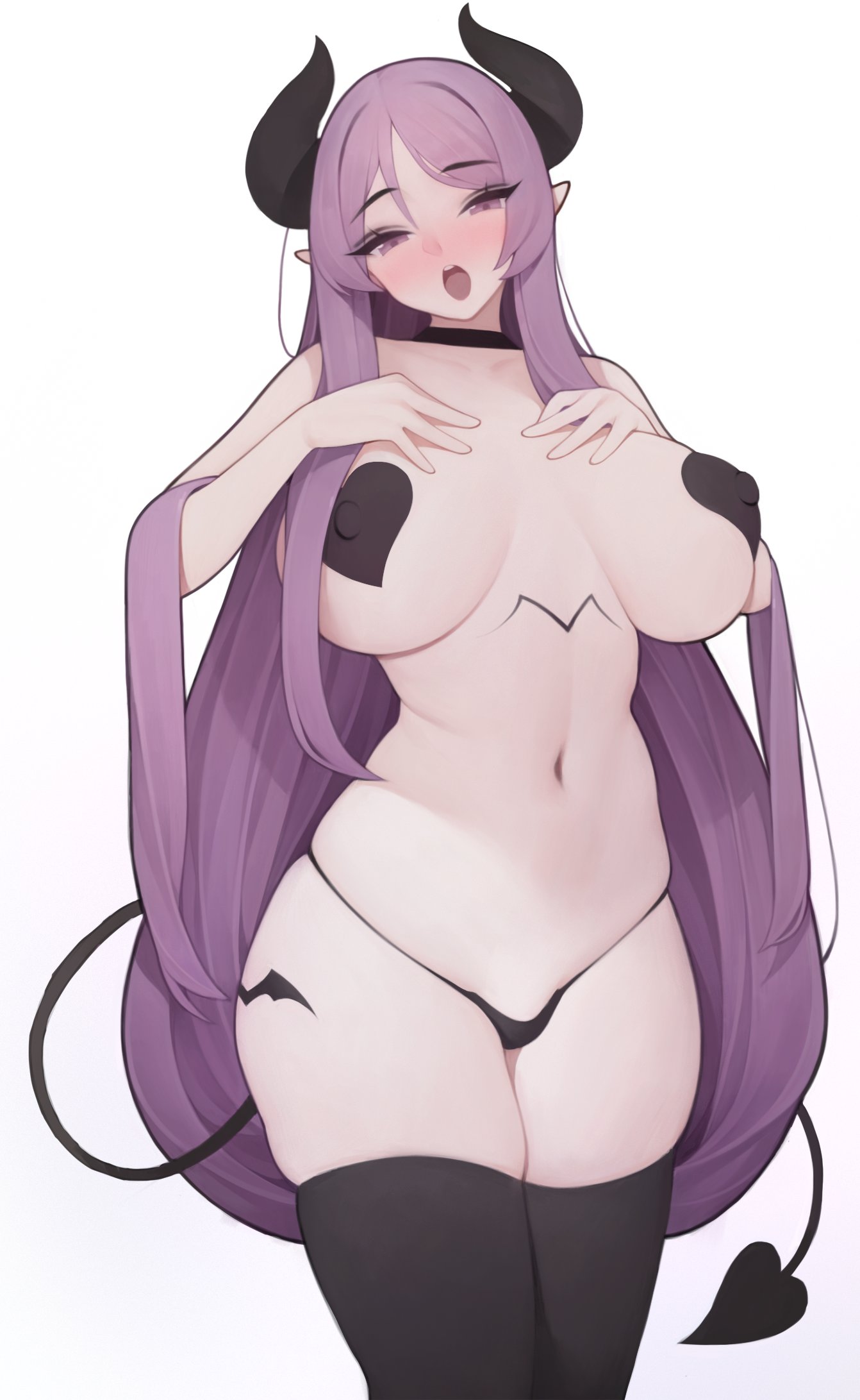 1girls, black heart pasties, black pasties, black thighhighs, blush, demon, demon girl, demon horns, demon tail, female, female only, hands on own chest, heart pasties, hi res, horns, legs together, long hair, looking at viewer, narrowed eyes, nipple bulge, nipple pasties, open mouth, partially clothed, pointy ears, purple eyes, purple hair, side-tie panties, solo, solo female, succubus, tail, thigh gap, thigh squish, thighhighs, voluptuous, white background, wlsdnjs950