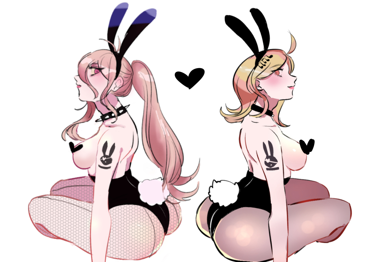 2girls, akamatsu kaede, ass, big ass, blonde hair, blush, bunny costume, bunny ears, bunny tail, bunnysuit, censored, choker, color, colored, danganronpa, danganronpa v3, female, female only, fishnets, heart, heart censor, iruma miu, kgr2019, light skin, light-skinned female, looking at viewer, pale skin, pale-skinned female, ponytail, side view, sitting, stockings, straight hair, strawberry blonde hair, tattoo