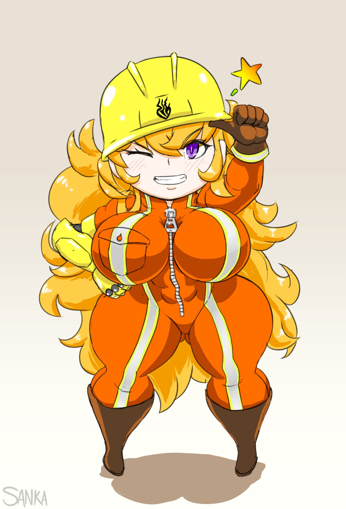 alternate_breast_size alternate_costume busty chibi chibi_style construction_helmet curvy helmet hyper rooster_teeth rwby rwby_chibi sanka-tetsu shortstack tagme thighs tight_clothing wink yang_xiao_long