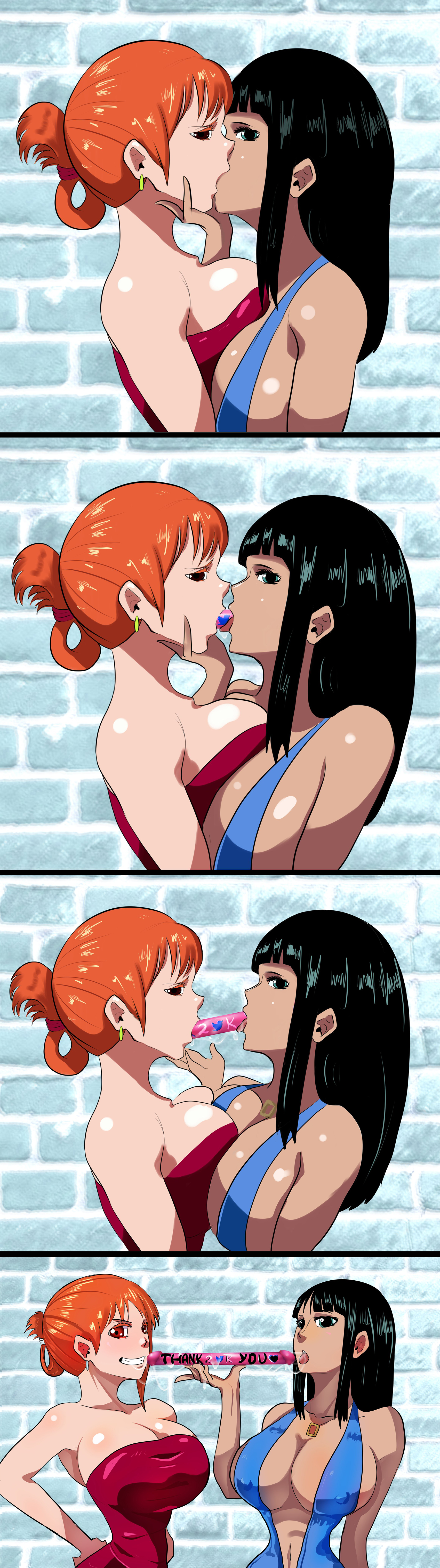 2girls, bangs, bare shoulders, big breasts, black hair, black-haired female, blue eyes, breasts, bursting breasts, busty, celebration, cleavage, comic, deep cleavage, deep kissing, deepthroat, dildo, double dildo, double dildo deepthroat, double ended dildo, drool, drooling, earrings, edit, erect nipple, female, female only, gold earrings, kissing, large breasts, long hair, mr.russo, nami (one piece), necklace, nico robin, nipple bulge, one piece, oral, orange eyes, orange hair, orange-haired female, overflowing breasts, pre-timeskip, red hair, saliva, saliva drip, saliva string, saliva trail, sex toy, sloppy, sloppy kiss, tan, throat training, tied hair, tongue, tongue out, yuri
