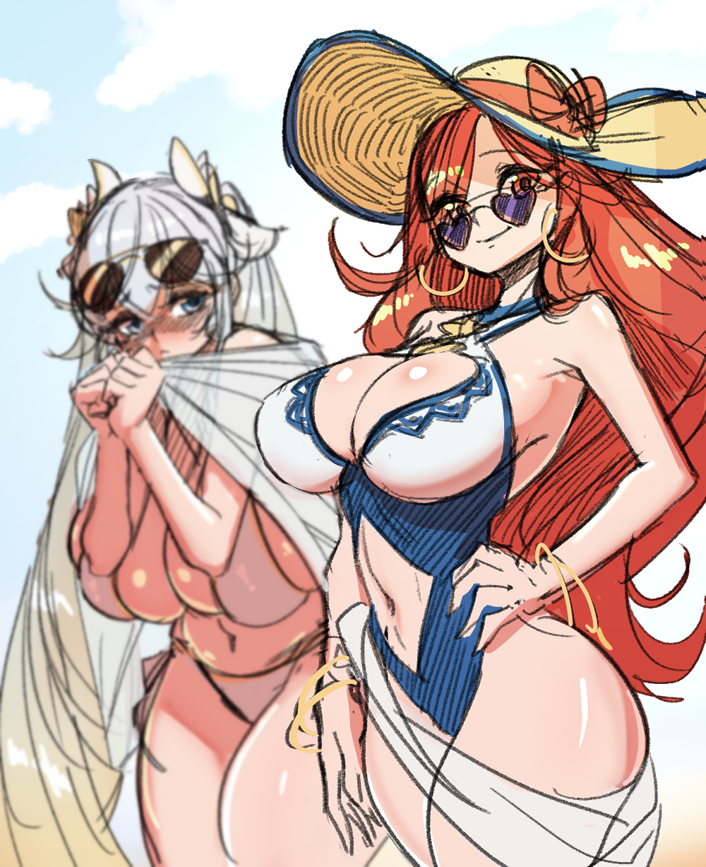 big_breasts bikini blush cleavage earrings hoop_earrings league_of_legends looking_over_eyewear looking_over_glasses looking_over_sunglasses miss_fortune navel pool_party_miss_fortune pool_party_series purple-tinted_eyewear sketch sona_buvelle sunglasses tinted_eyewear yabby