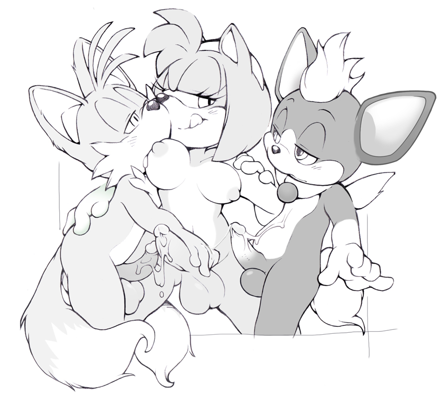 1futa, 2boys, amy rose, balls, canine, chip (sonic), cum, embrace, erosuke, female, fox, furry, furry only, futa on male, futa with male, futa/male, futanari, hedgehog, intersex, kissing, male, monochrome, nipples, penis, sonic (series), straight, tail, tails, tails the fox, testicles