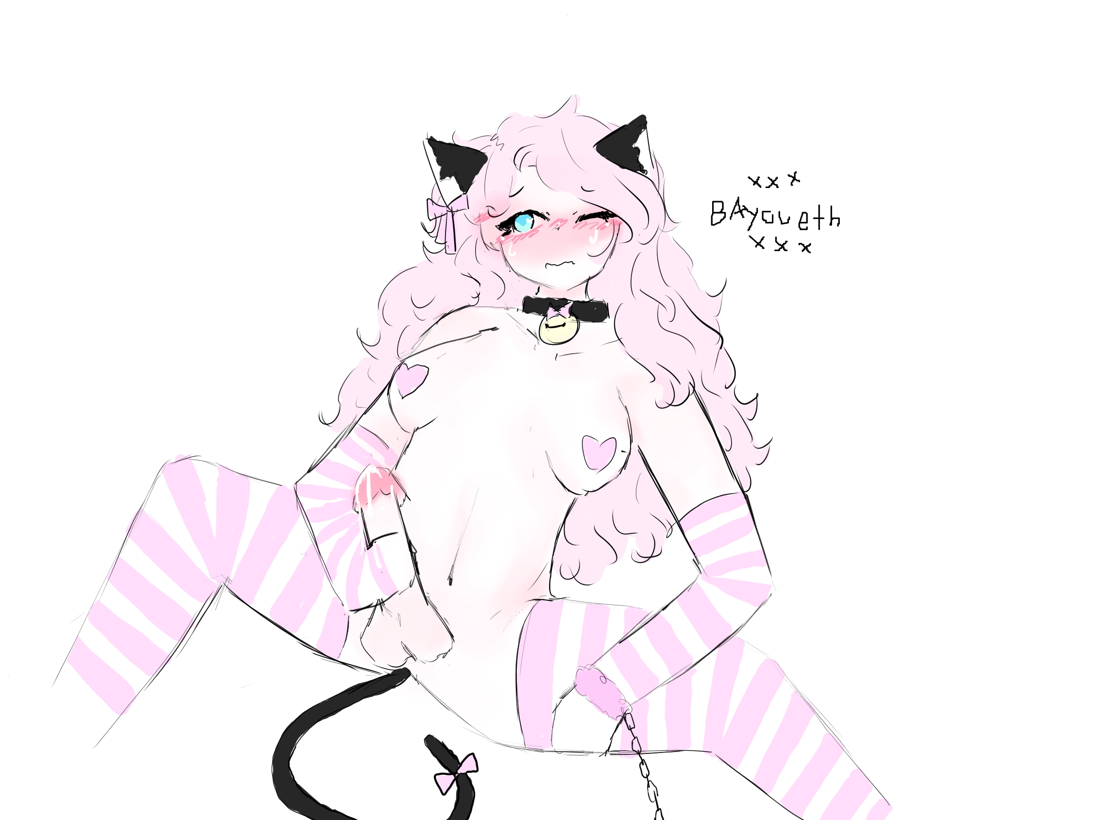 1futa, author:bayoveth, belle delphine, blue eyes, cat ears, cat girl, cat tail, cute, dick, dickgirl, female, futanari, gamer girl, intersex, pasties, penis, pink hair, pink heart pasties, pink pasties, self upload, white background