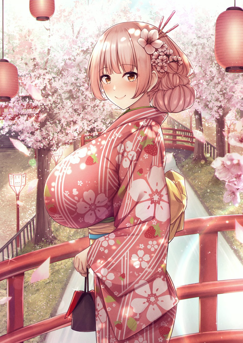 bangs basket big_breasts brown_eyes double_bun eyebrows_visible_through_hair flower flower_in_hair flower_petals fou_zi gigantic_breasts hair_bun hair_ornament huge_breasts japanese_clothes kimono original original_character paintcan paper_lantern pink_hair pocky sideboob sidelocks smile strawberry