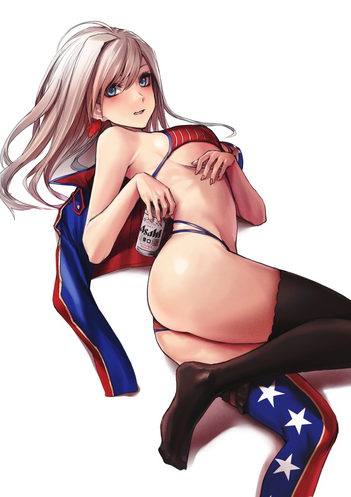 alcohol, american flag, american flag bikini, american flag legwear, applekun, ass, beer, beer can, bikini, blue eyes, breasts, can, earrings, fate (series), fate/grand order, female, flag print, hair between eyes, highres, holding, jacket, jacket removed, jewelry, leggings, long hair, looking at viewer, lying, medium breasts, miyamoto musashi (fate), miyamoto musashi (swimsuit berserker), on side, shiny, shiny skin, simple background, swimsuit, thighs, twisted torso, white background, white hair