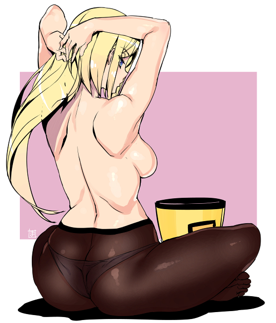 ashiomi_masato blonde_hair blue_eyes breasts butt_crack crossed_legs guilty_gear long_hair millia_rage panties panties_under_pantyhose pantyhose sideboob sitting tagme topless white_panties