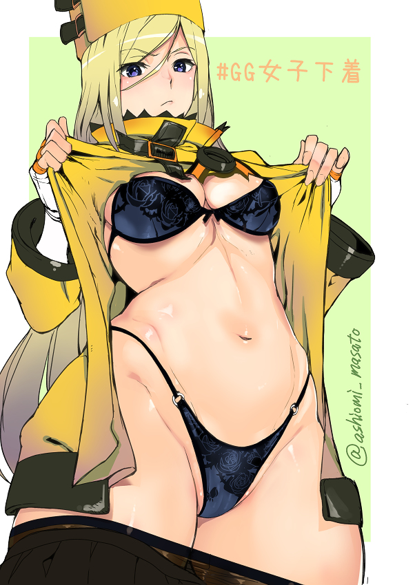 ashiomi_masato black_panties blonde_hair blue_eyes blush bra guilty_gear highleg_panties lingerie long_hair millia_rage navel open_clothes panties pantyhose pantyhose_down pantyhose_pull presenting shiny_skin skirt skirt_down standing tagme