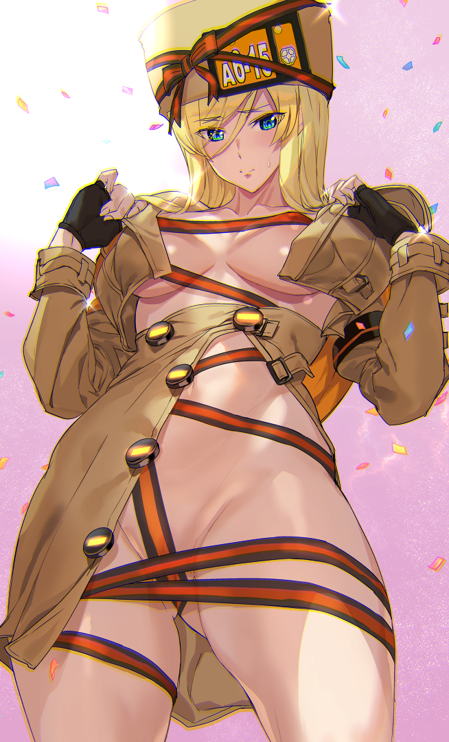 ashiomi_masato blonde_hair blue_eyes blush breasts censored_breasts convenient_censoring functionally_nude guilty_gear millia_rage navel nipple_censor nude open_clothes open_coat ribbon standing sweat tagme undressing