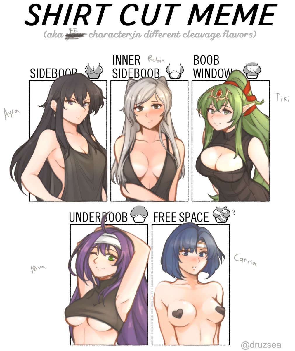 5girls ;) ahoge angry armpits ayra_(fire_emblem) black_eyes black_hair black_heart_pasties black_pasties blue_eyes blue_hair blush breasts brown_eyes catria_(fire_emblem) cleavage cleavage_cutout clothing_cutout collarbone embarrassed english_text female_only fire_emblem fire_emblem:_genealogy_of_the_holy_war fire_emblem:_mystery_of_the_emblem fire_emblem:_path_of_radiance fire_emblem:_radiant_dawn fire_emblem:_shadow_dragon_and_the_blade_of_light fire_emblem_awakening green_eyes green_hair grey_hair large_breasts long_hair looking_at_viewer medium_breasts medium_hair meme mia_(fire_emblem) multiple_girls nintendo one_eye_closed open_mouth pasties ponytail purple_hair robin_(fire_emblem) robin_(fire_emblem)_(female) shirt_cut_meme sideboob smile text tiki_(adult)_(fire_emblem) tiki_(fire_emblem) tridisart underboob