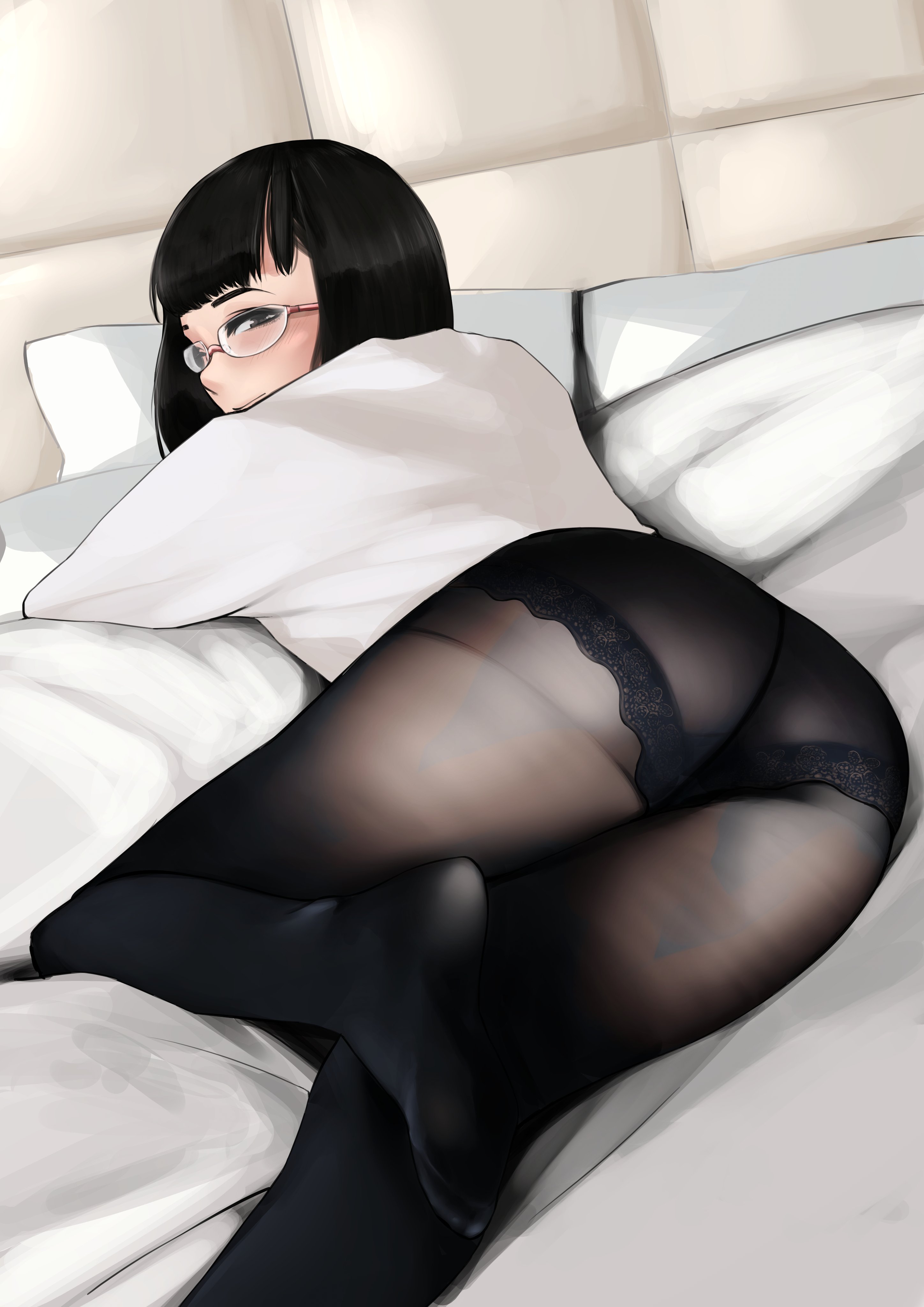 1girls, absurdres, ass, big ass, female, female only, highres, looking at viewer, looking back, panties, pantyhose, pupi, rain prophet, solo