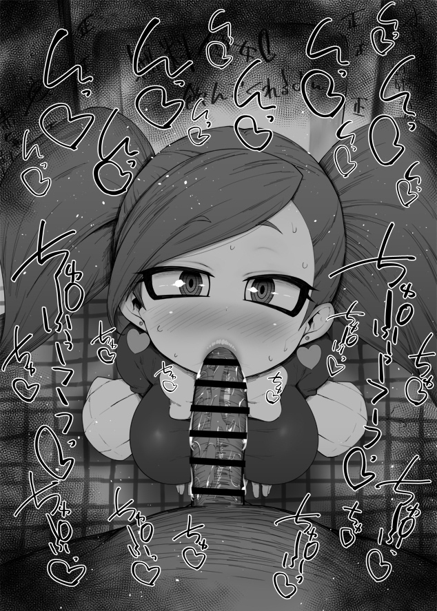 1boy, 1girls, aiba manami, big breasts, blowjob, blush, breasts, censor bar, censored, clothed female nude male, dark skin, dark-skinned male, earrings, eye contact, fellatio, fellatio gesture, female, greyscale, kurotama, la brava (my hero academia), long hair, looking at viewer, male, male pov, monochrome, my hero academia, oral, partial male, pov blowjob, saliva, shortstack, smaller female, twintails