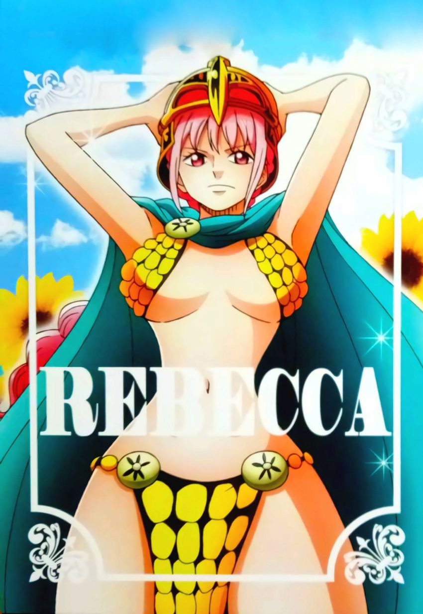 armpits artist_request bikini_armor cape chainmail chainmail_bikini female female_only gladiatrix helmet large_breasts loincloth official_art one_piece pink_eyes pink_hair rebecca_(one_piece) voluptuous