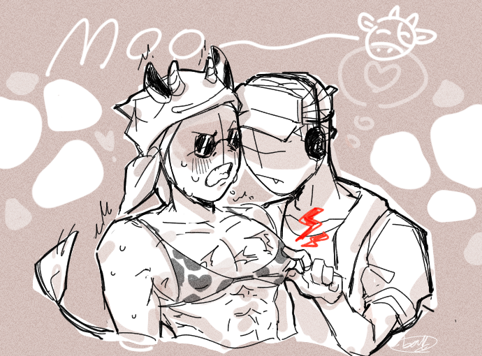 as56a76 blush cow_ears cow_horns cow_print deimos embarrassed madness_combat nipple_pinch sanford scar scars surprised sweat