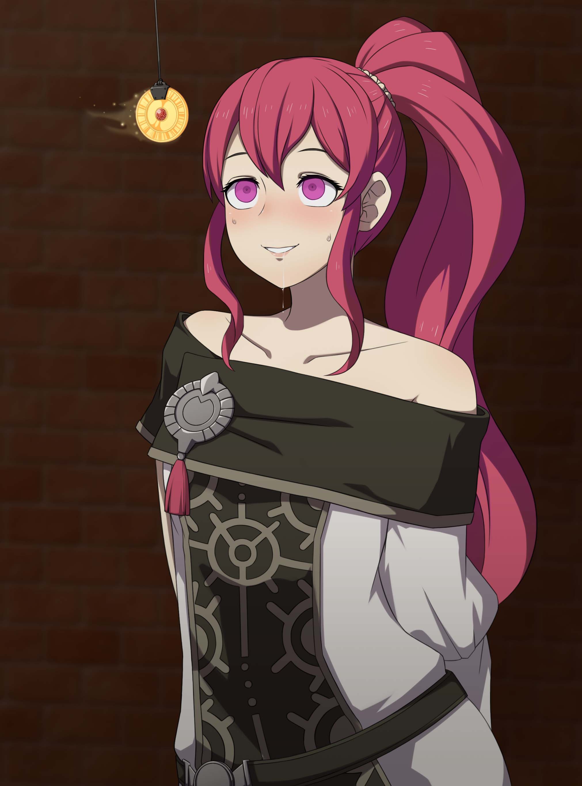 1girls, 4beruku, anna (fire emblem), bare shoulders, brainwashing, collarbone, darekku, drooling, female, femsub, fire emblem, fire emblem: three houses, fully clothed, glowing eyes, hypnosis, long hair, mind control, nintendo, ponytail, purple eyes, red hair, saliva, solo, solo female, sweat