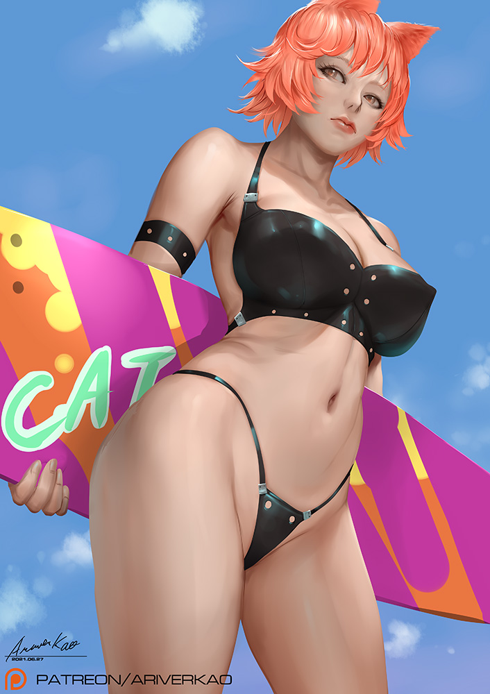 1girls ariverkao bikini black_thong brown_eyes cat_ears cat_girl catgirl erect_nipples highleg highleg_thong large_breasts leather_bikini leather_thong mound_of_venus original original_character outdoors pink_hair surfboard thong viewed_from_below