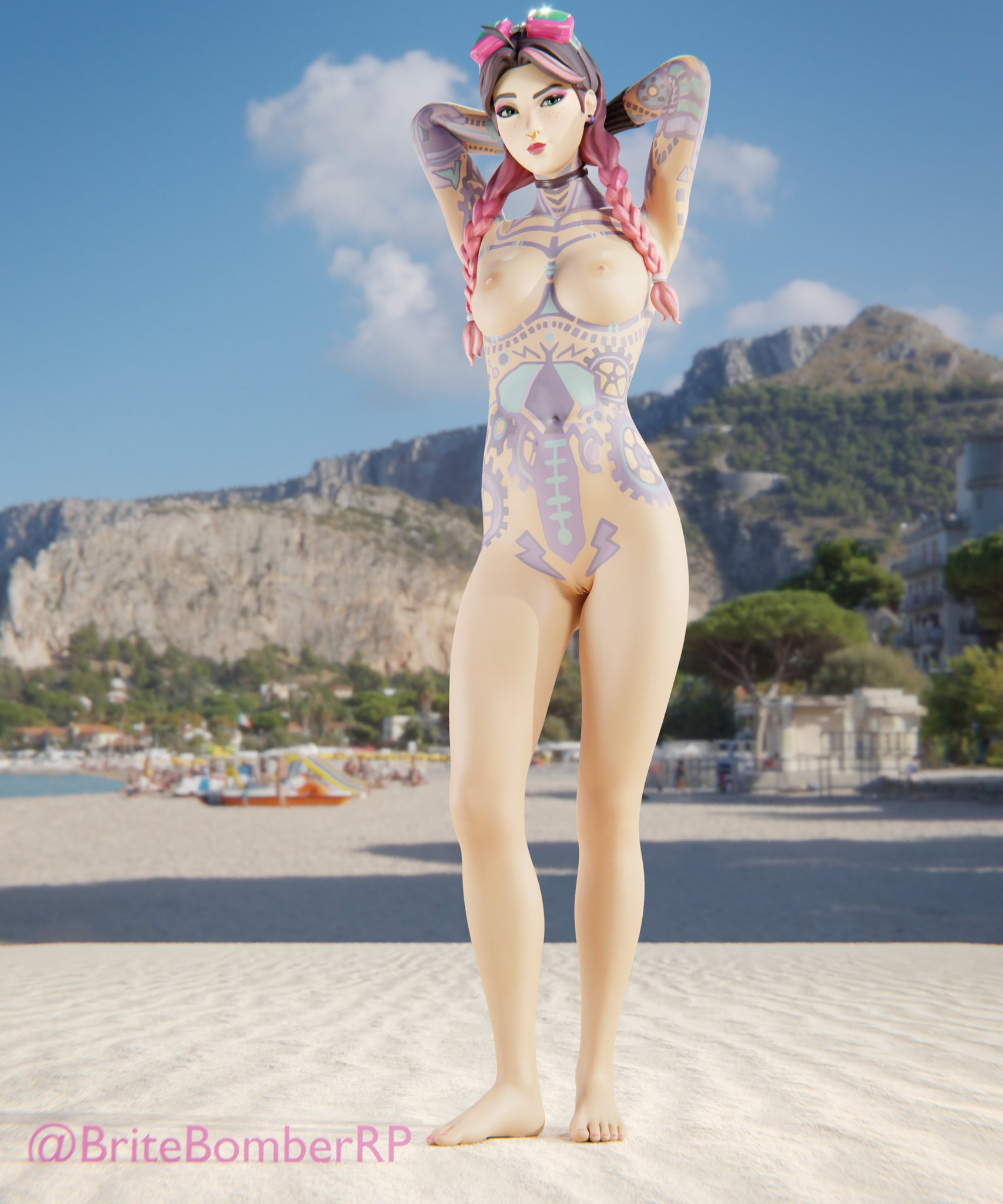 3d, beach, beach jules, britebomberrp, female, fortnite, fortnite: battle royale, jules (fortnite), tagme, tattoos everywhere