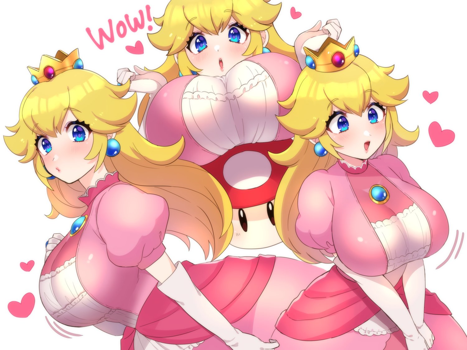 1girls, alternate breast size, big breasts, blonde hair, blue eyes, breasts, clothing, cute, earrings, female, female only, fully clothed, huge breasts, kinakosuki, large breasts, looking at viewer, mario (series), multiple views, nintendo, princess, princess peach, solo, solo female, super mario bros., top heavy