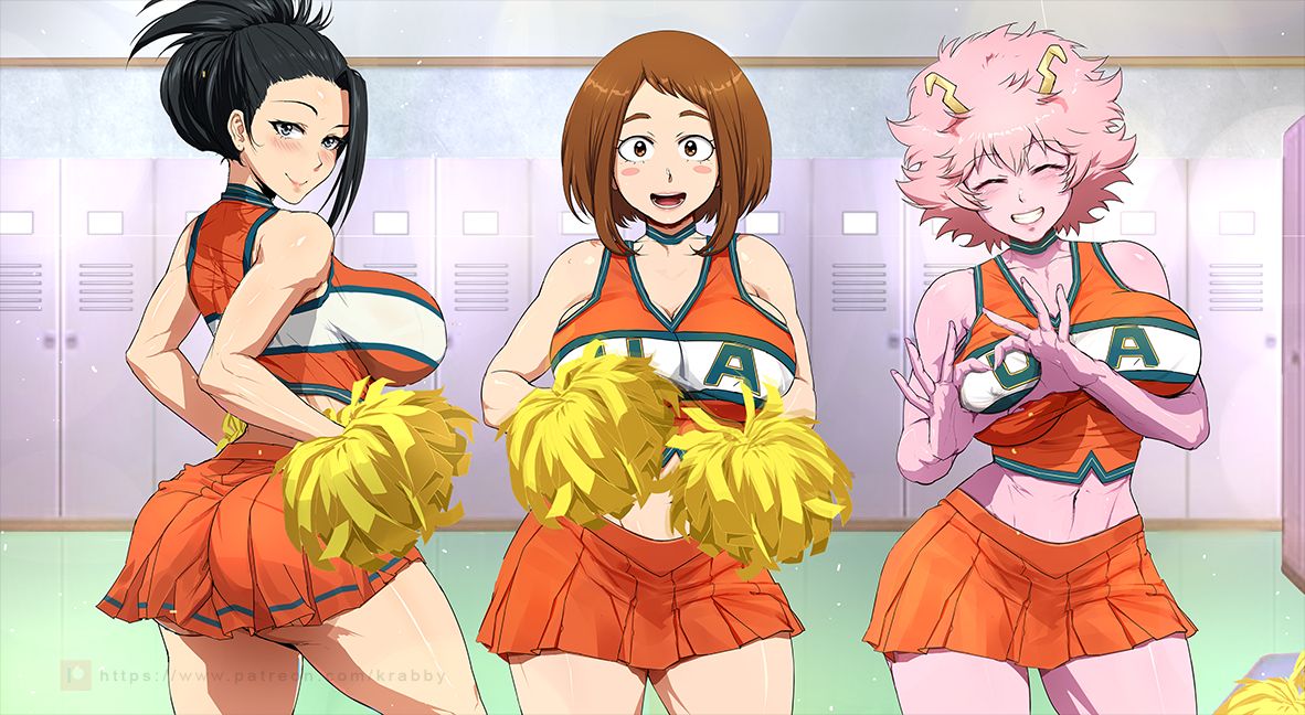 3girls, ass, big ass, big breasts, big butt, black eyes, black hair, black-haired female, blush, breasts, brown eyes, brown hair, brown-haired female, cheerleader, cheerleader uniform, closed eyes, female, grabbing own breast, krabby (artist), large breasts, long hair, looking at viewer, mina ashido, momo yaoyorozu, my hero academia, ochako uraraka, open mouth, pink hair, pink skin, pink-haired female, short hair