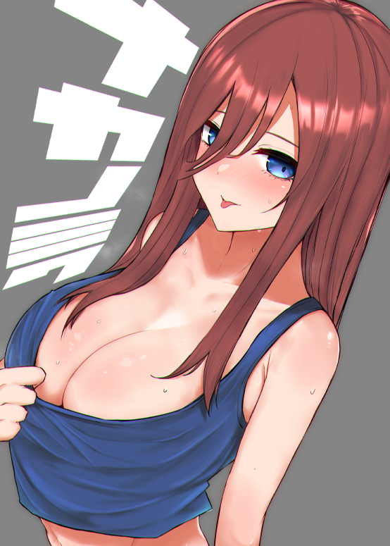 1girls :p bangs bare_shoulders big_breasts blue_eyes blush bodily_fluids breasts brown_hair busty cleavage crop_top female female_only go-toubun_no_hanayome hair_between_eyes huge_breasts large_breasts light-skinned_female light_skin long_hair looking_at_viewer nabeshiki_(nabeyashiki) nakano_miku no_bra pinup simple_background sleeveless smile solo solo_female solo_focus sweat sweatdrop tank_top teasing tongue tongue_out upper_body