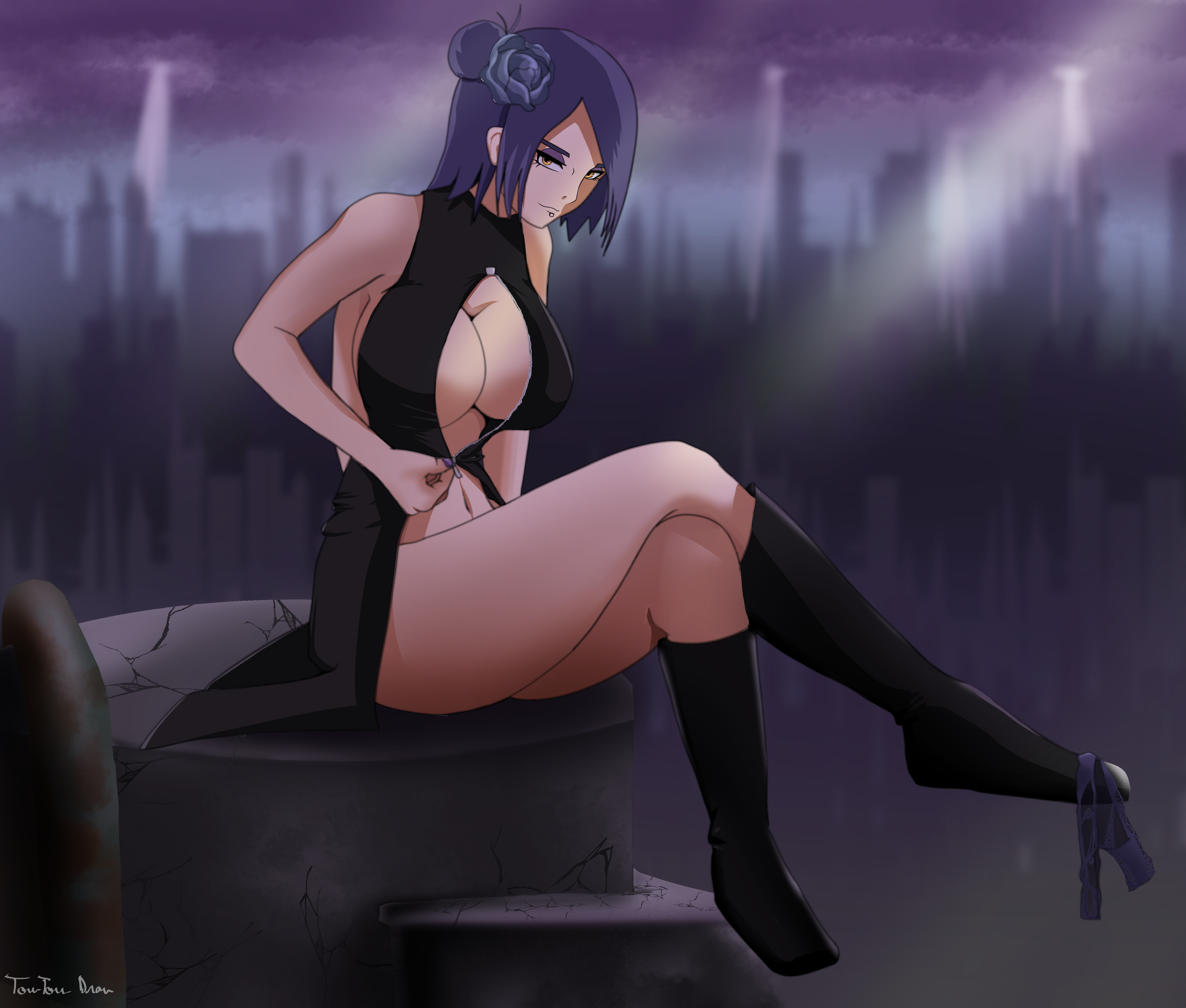 1girls, artist name, artist signature, big breasts, blue hair, boots, breasts, buildings, busty, center opening, city, cleavage cutout, clothed female, colored nails, convenient leg, crossed legs, cutoffs, cutout, dress, eyeshadow, facial piercing, female, female only, flower, footwear, hair bobbles, hair flower, hair ornament, high resolution, konan, light skin, light-skinned female, long boots, long hair, makeup, mascara, nail polish, naruto, naruto (series), naruto shippuden, navel, no bra, no pants, outside, panties, panties around feet, panties around one leg, panties removed, parted bangs, partially clothed, piercing, pinup, revealing clothes, seductive, seductive eyes, seductive look, seductive smile, shoulder length hair, side bun, sitting, sitting on person, skin tight, skindentation, sleeveless, sleeveless dress, solo female, solo focus, source request, sunlight, teasing, text, thick thighs, towtowdraw, underwear, undressing, unzipping, very high resolution