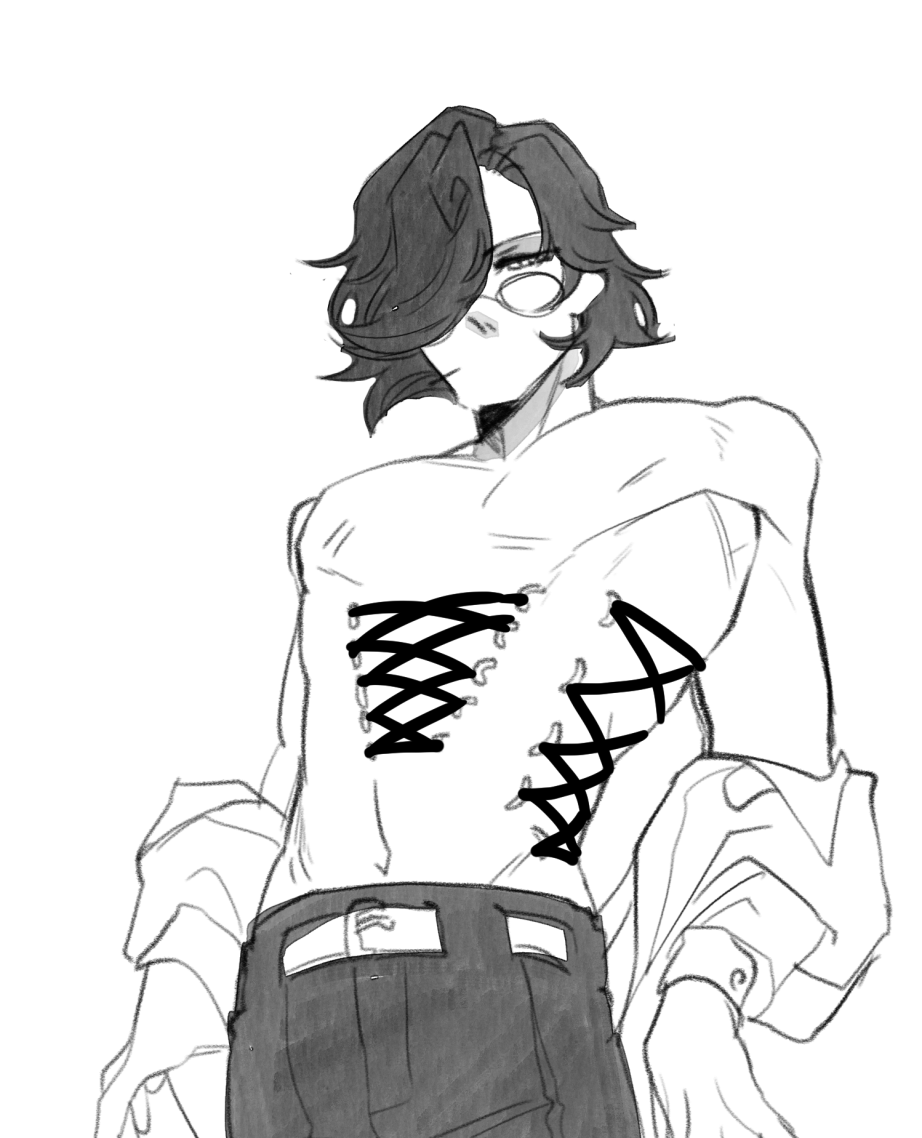 1boy armpits artist_request bare_chest belt body_piercing character_request formal functionally_nude glasses long_hair male male_only monochrome muscles no_nipples pants piercings rope shirt shirt_down top topless