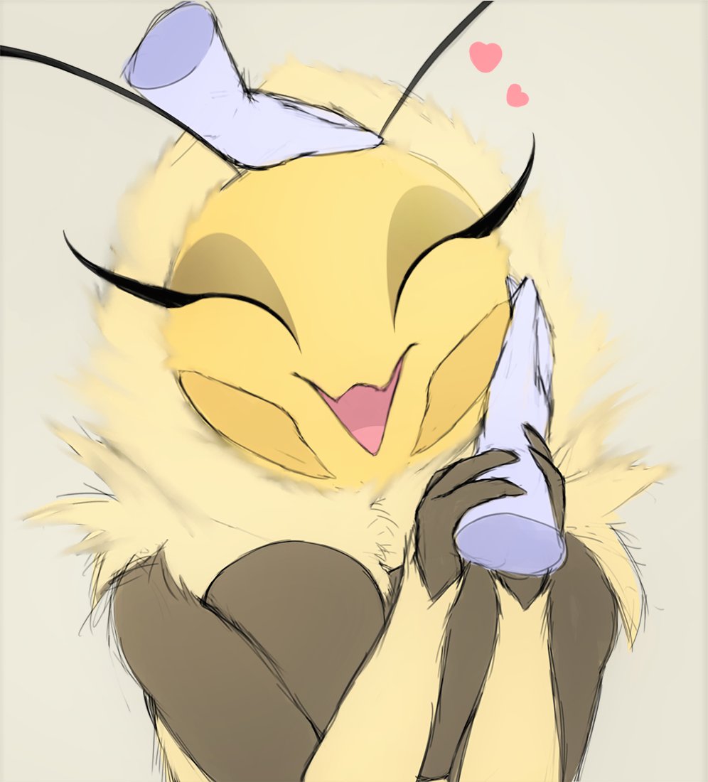 adorable, bee, bee girl, blossom (thousandfoldfeathers), breasts, caressing, cute, cute face, disembodied hands, eyelashes, eyes closed, female, female only, huge breasts, looking down, pet, petting, pink eyes, question mark, solo, solo female, tagme, thousandfoldfeathers, wholesome, yellow hair, yellow skin