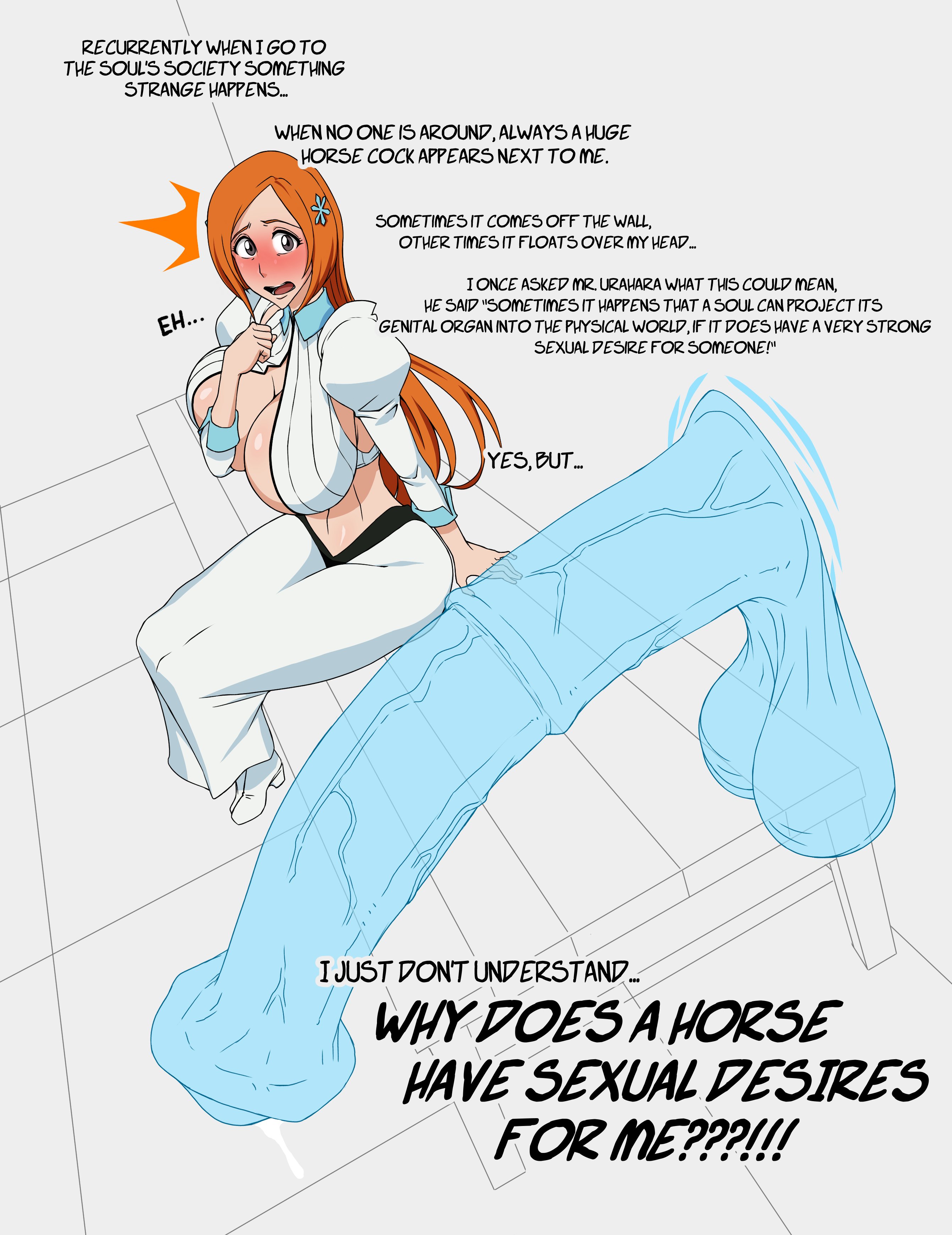 1boy, 1girls, animal genitalia, animal penis, balls, big balls, big breasts, bleach, blunt penis, breasts, cyan penis, dialogue, disembodied penis, dress, english text, equine, equine penis, female, flared penis, ghost, ghost penis, glory hole, hair ornament, hanging penis, horse, horse penis, horsecock, huge breasts, huge cock, hyper penis, inoue orihime, large penis, light skin, long hair, long penis, male, maruzyrukun, orange hair, penis, penis awe, penis bigger than torso, white clothing, white dress, zoophilia