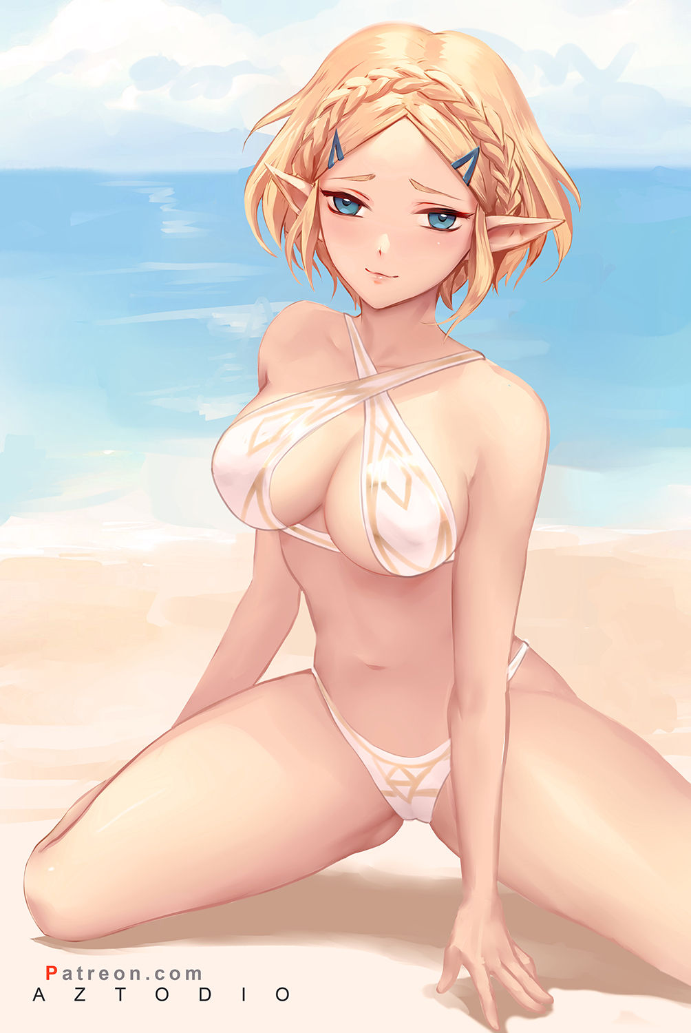 1girls, alternate version available, azto dio, beach, big breasts, bikini, bikini bottom, bikini top, blonde hair, blue eyes, blush, braid, breasts, breath of the wild, cleavage, cleavage cutout, digital media (artwork), female, female focus, female only, hair ornament, halterneck, hourglass figure, interspecies, light skin, light-skinned female, looking at viewer, medium breasts, navel, nintendo, on knees, outdoors, patreon, pointy ears, pose, posing, princess zelda, sand, short hair, signature, simple background, solo, solo female, solo focus, spread legs, tears of the kingdom, the legend of zelda, thick thighs, thighs, water, white bikini, zelda (tears of the kingdom)