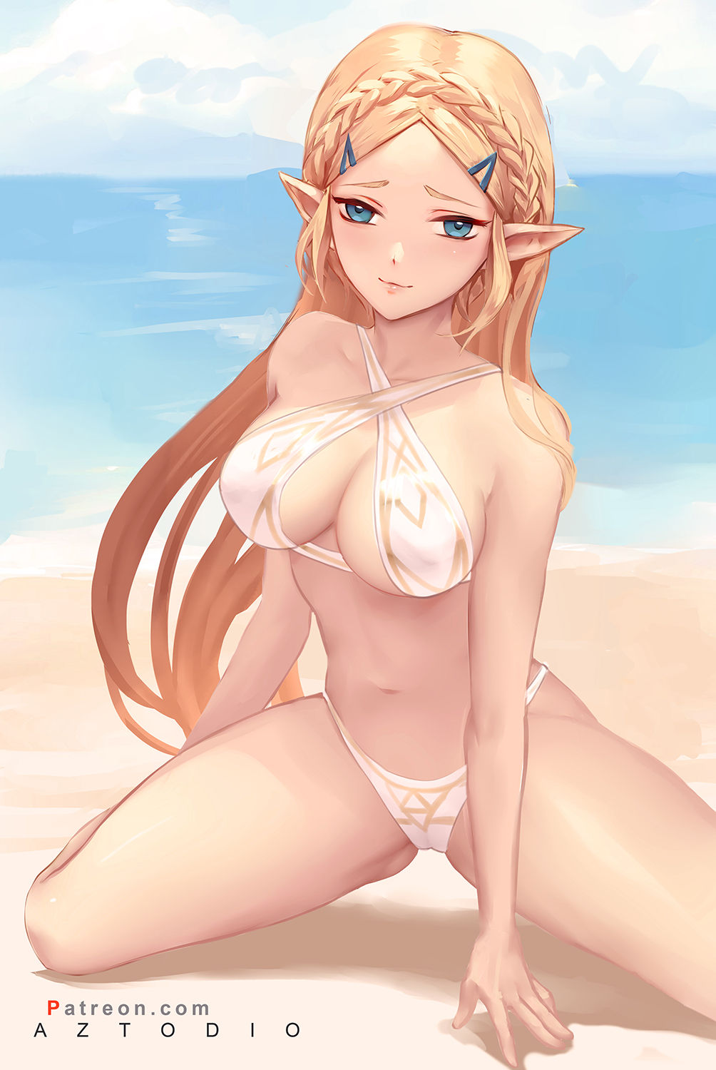 1girls, alternate version available, azto dio, beach, big breasts, bikini, bikini bottom, bikini top, blonde hair, blue eyes, blush, braid, breasts, breath of the wild, cleavage, cleavage cutout, digital media (artwork), female, female focus, female only, hair ornament, halterneck, hourglass figure, interspecies, light skin, light-skinned female, long hair, looking at viewer, medium breasts, navel, nintendo, on knees, outdoors, patreon, pointy ears, pose, posing, princess zelda, sand, signature, simple background, solo, solo female, solo focus, spread legs, the legend of zelda, thick thighs, thighs, water, white bikini, zelda (breath of the wild)